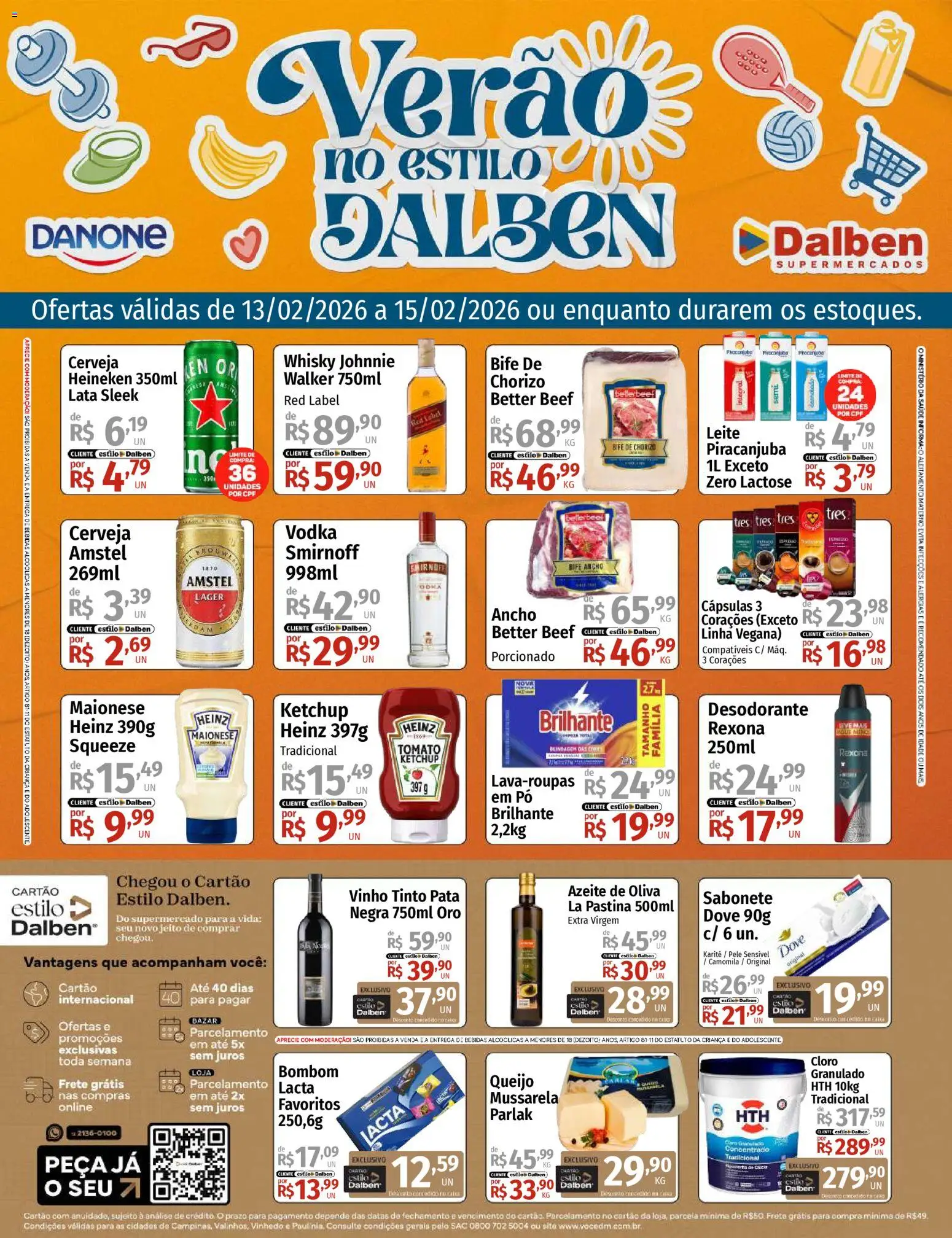 Supermercado Dalben Folheto - válido de 13.02.2026 | Página: 1 | Produtos: Leite, Vinho, Rexona, Mussarela