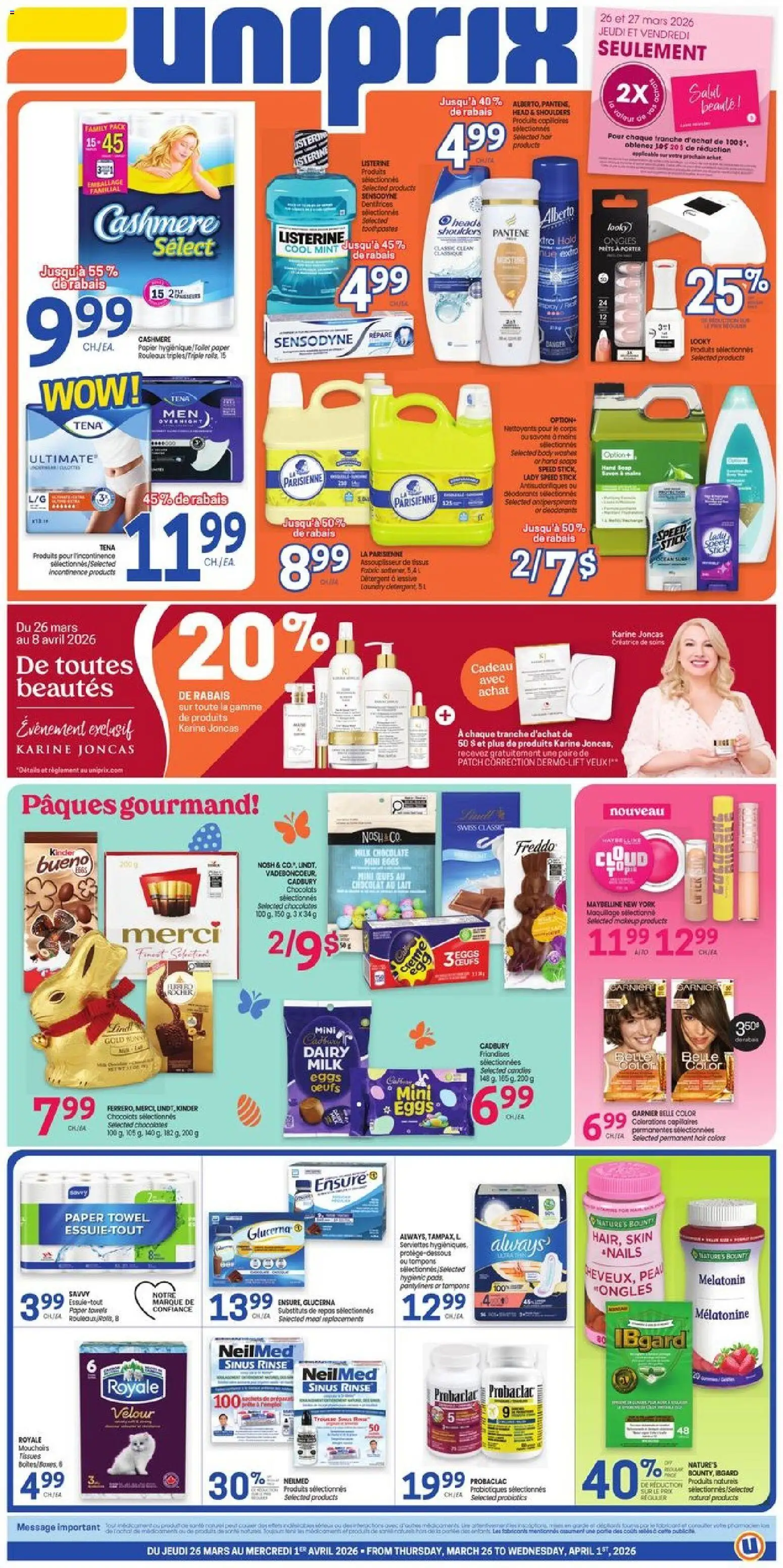 Uniprix flyer valid from 26.03.2026 | Page: 1 | Products: Fabric softener, Detergent, Milk, Chocolate