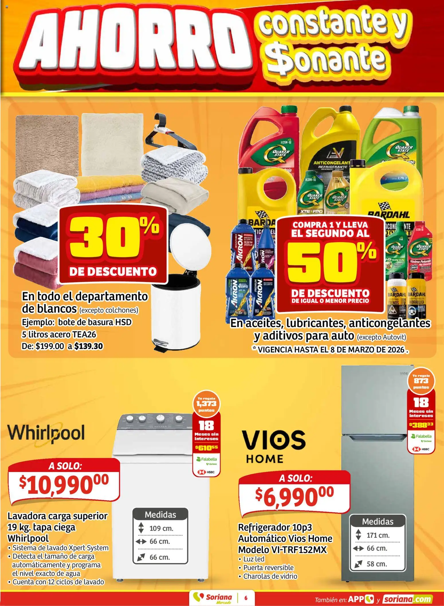 Nuevas ofertas de Soriana válidas en toda la República Mexicana desde el 05.03.2026. ¡Encuentra las mejores ofertas en Soriana Fin de Semana Mercado: Ags, Nay, Jal, Qro, Col, Mich, Gto, Hgo, Tlax, Mor, Pue, Gro, Oax, Edo. de Mex, CDMX, Zac y SLP! | Página: 6 | Productos: Refrigerador, Lavadora, Té, Bote de basura