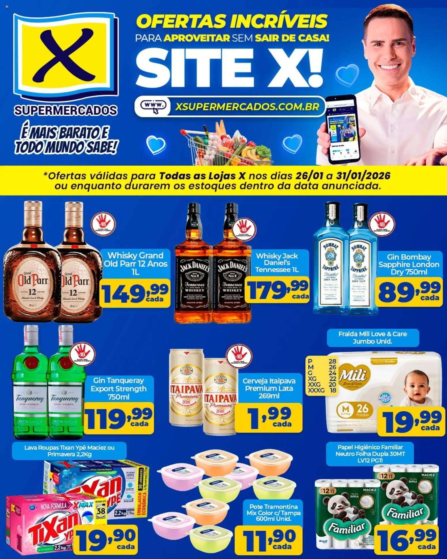 X Supermercados Folheto - válido de 26.01.2026 | Página: 2 | Produtos: Whisky, Roupas, Fraldas, Papel higiênico