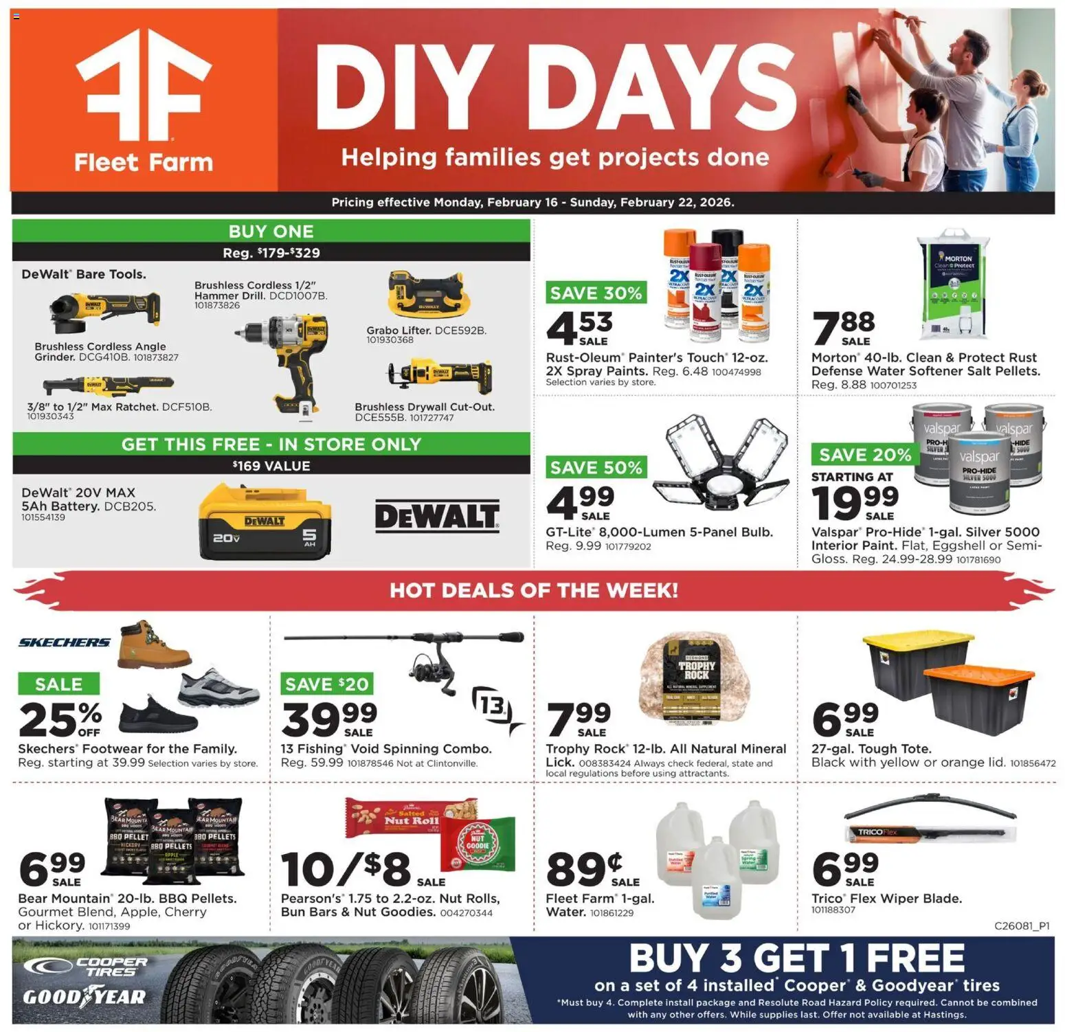 Mills Fleet Farm Weekly Ad - valid from 16.02.2026 | Page: 1 | Products: Hammer, Wiper, Water, Salt