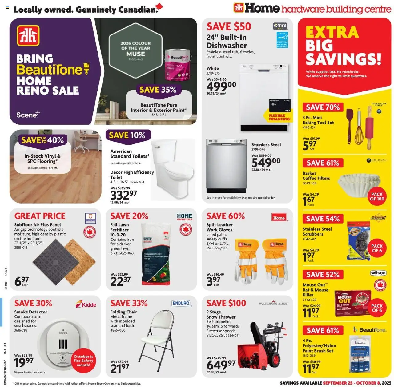 Home Hardware flyer valid from 25.09.2025 | Page: 1 | Products: Gloves, Brush, Basket, Coffee