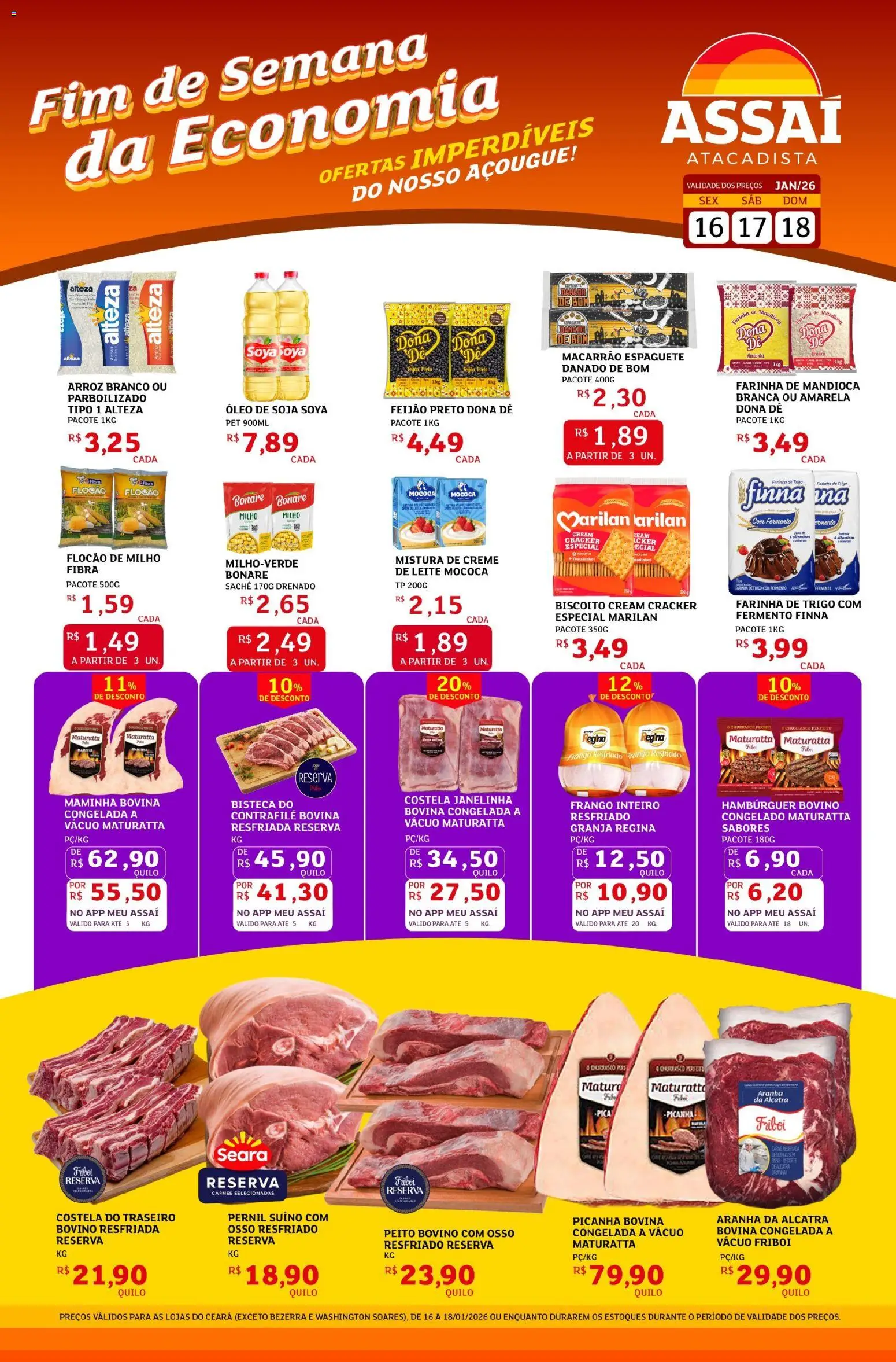Assaí Atacadista Folheto - válido de 16.01.2026 | Página: 1 | Produtos: Farinha de trigo, Picanha, Creme, Hambúrguer