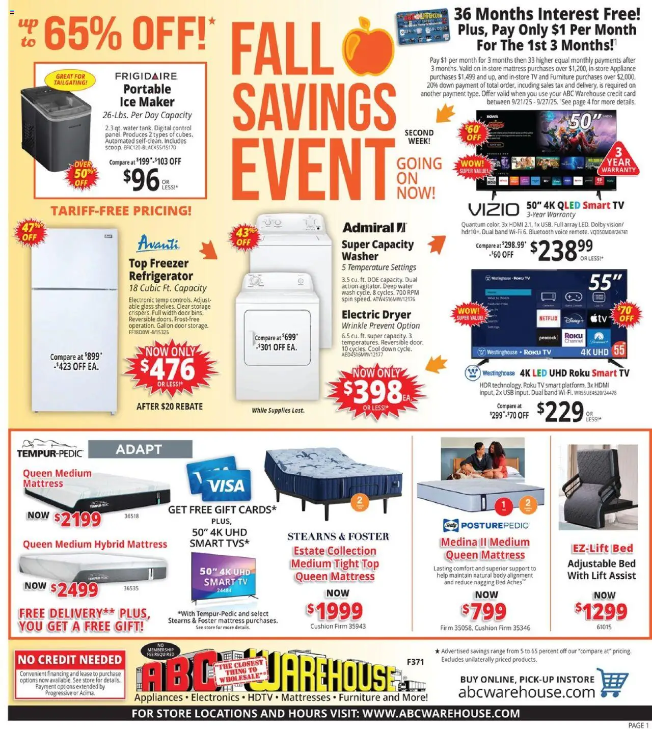 ABC Warehouse Weekly Ad - valid from 21.09.2025 | Page: 1 | Products: Water, Ice Maker, Refrigerator, Dryer