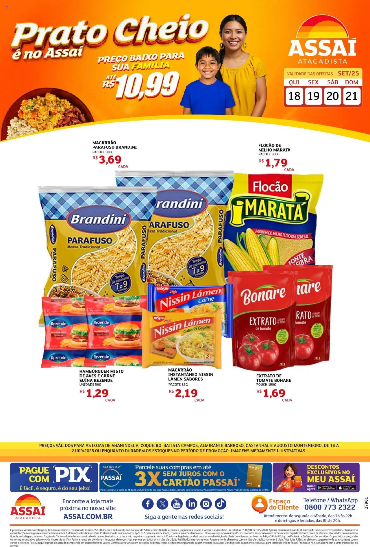 Assaí Atacadista Folheto - válido de 18.09.2025 | Página: 1 | Produtos: Macarrão, Hambúrguer, Baixo, Telefone