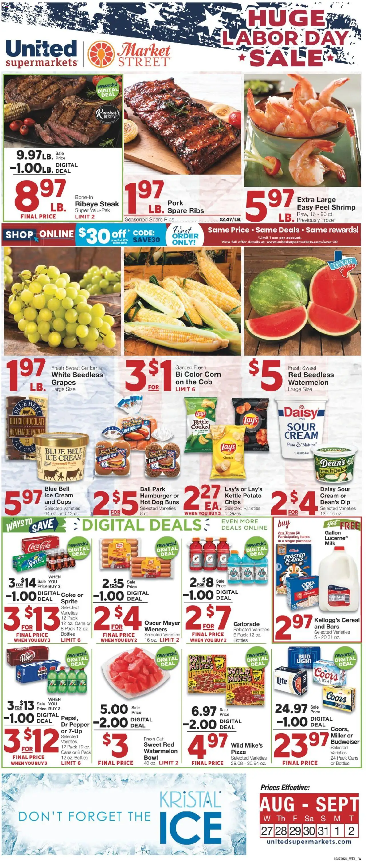 United Supermarkets Weekly Ad - valid from 26.08.2025 | Page: 1 | Products: Pizza, Chips, Ice cream, Grapes