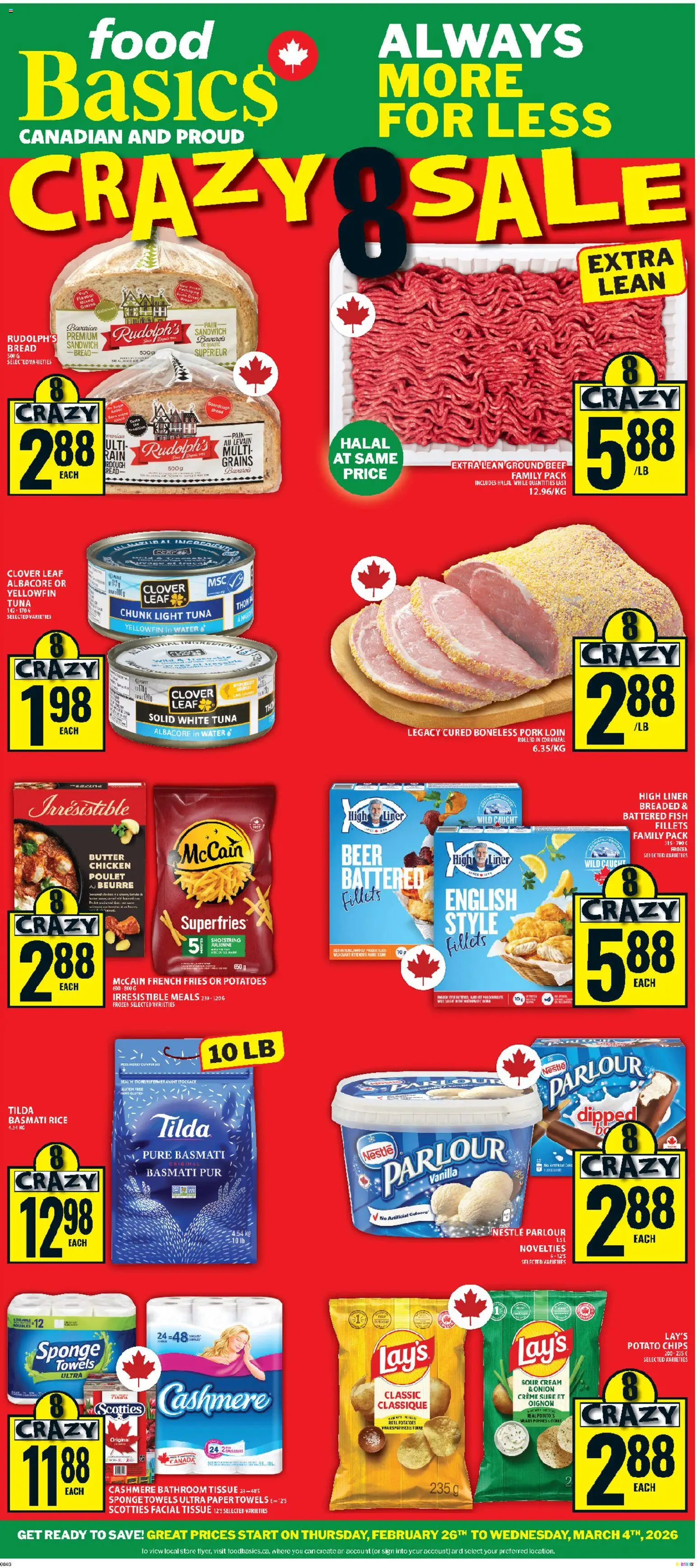 Food Basics flyer valid from 26.02.2026 | Page: 1 | Products: Rice, Chips, Butter, Pork