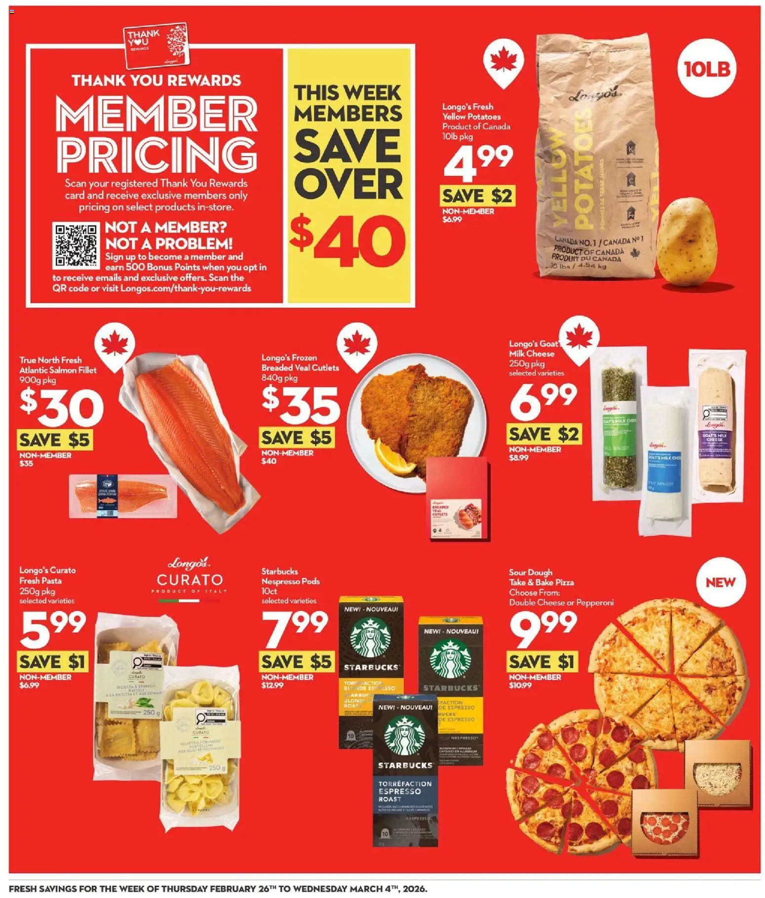 Longo's flyer valid from 26.02.2026 | Page: 4 | Products: Potatoes, Milk, Cheese, Pizza