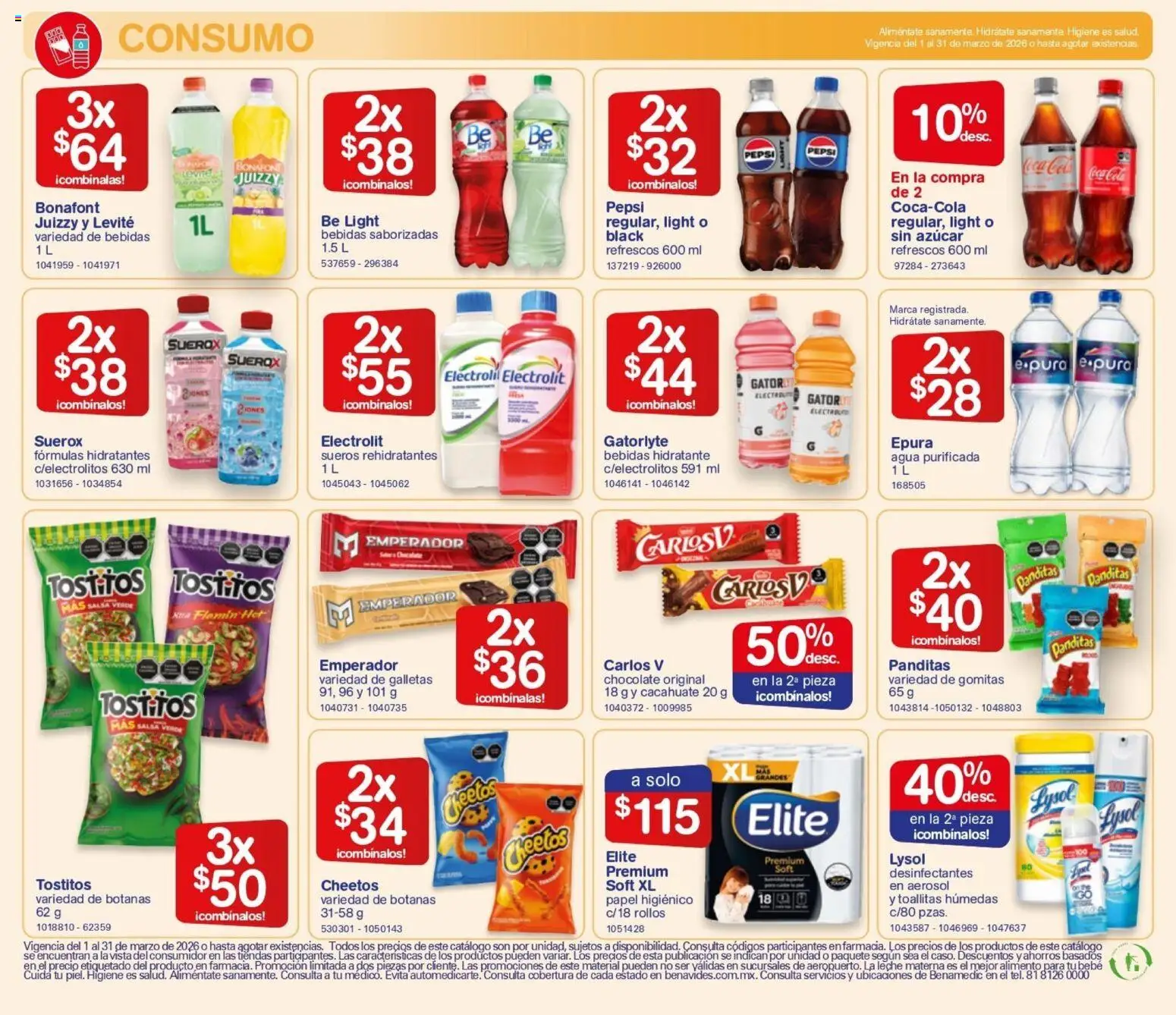 Nuevas ofertas de Farmacia Benavides válidas en toda la República Mexicana desde el 01.01.2026. ¡Encuentra las mejores ofertas en Farmacia Benavides catálogo! | Página: 22 | Productos: Cacahuate, Agua, Chocolate, Papel higiénico
