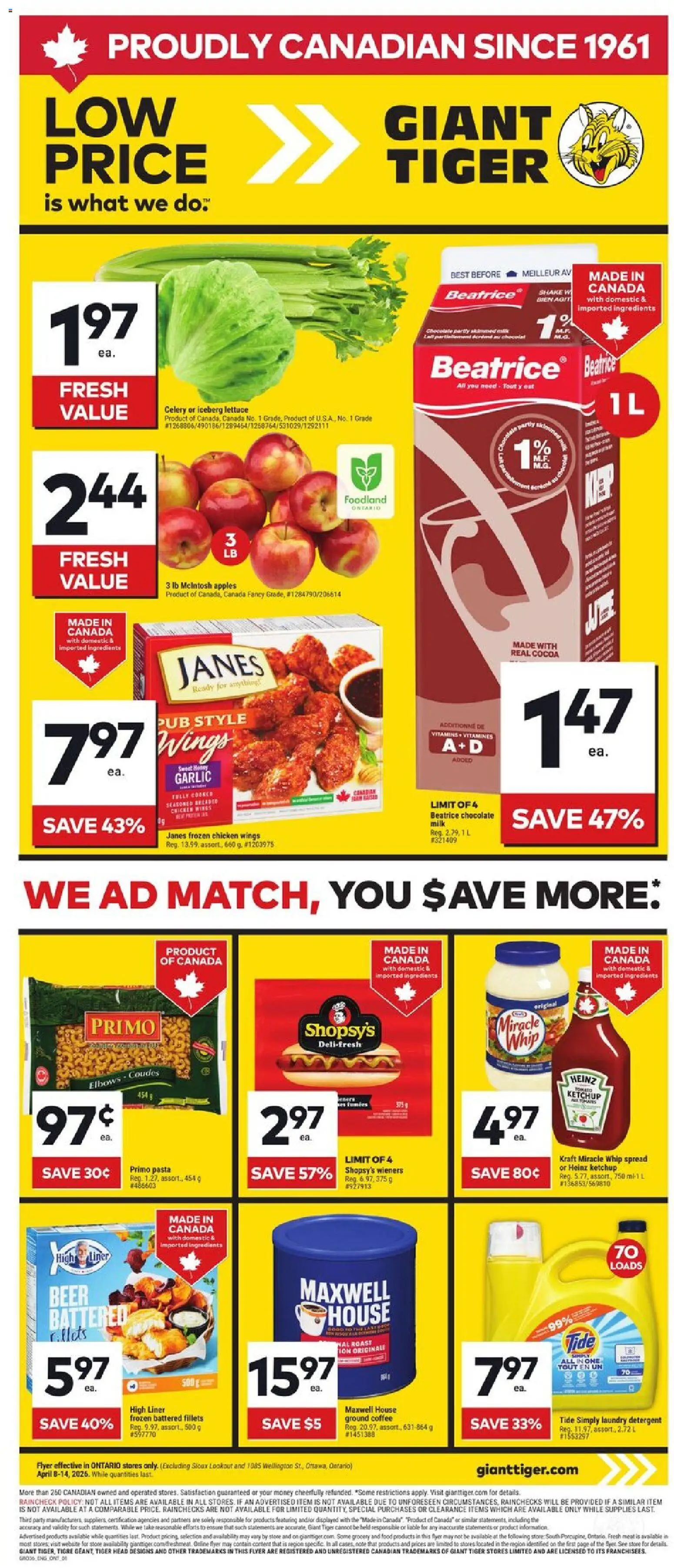 Giant Tiger flyer valid from 08.04.2026 | Page: 1 | Products: Pasta, Coffee, Beer, Apples