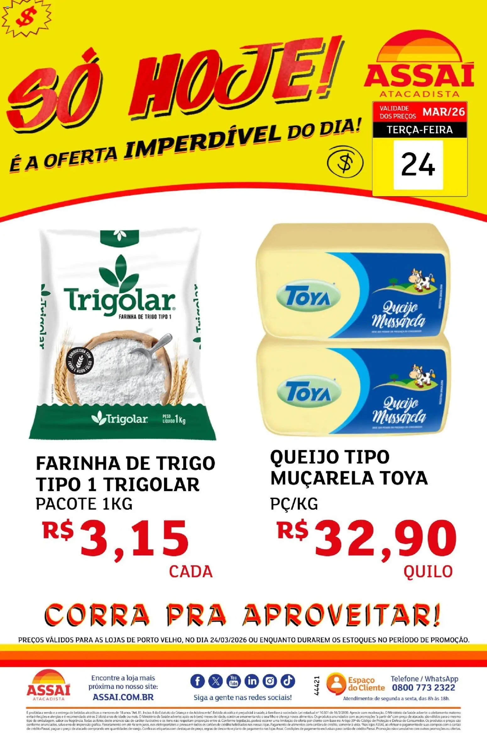 Assaí Atacadista Folheto - válido de 24.03.2026 | Página: 1 | Produtos: Muçarela, Pneus, Base, Bebida