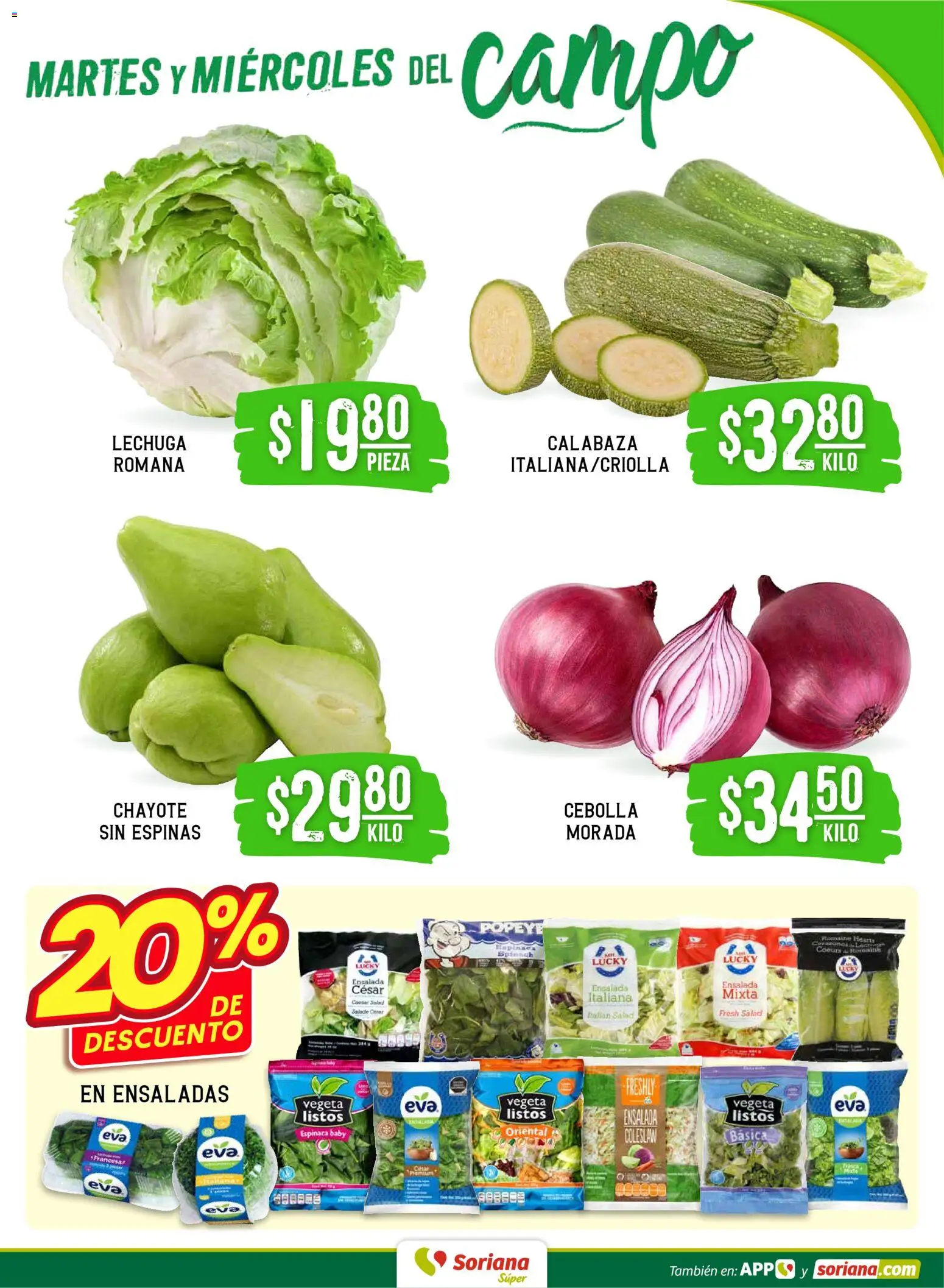 Nuevas ofertas de Soriana válidas en toda la República Mexicana desde el 13.01.2026. ¡Encuentra las mejores ofertas en Soriana - Martes y Miércoles del Campo Súper: Ver, Tab, Chis, Camp, Yuc y Q. Roo! | Página: 3 | Productos: Cebolla, Lechuga, Espinaca, Ensalada