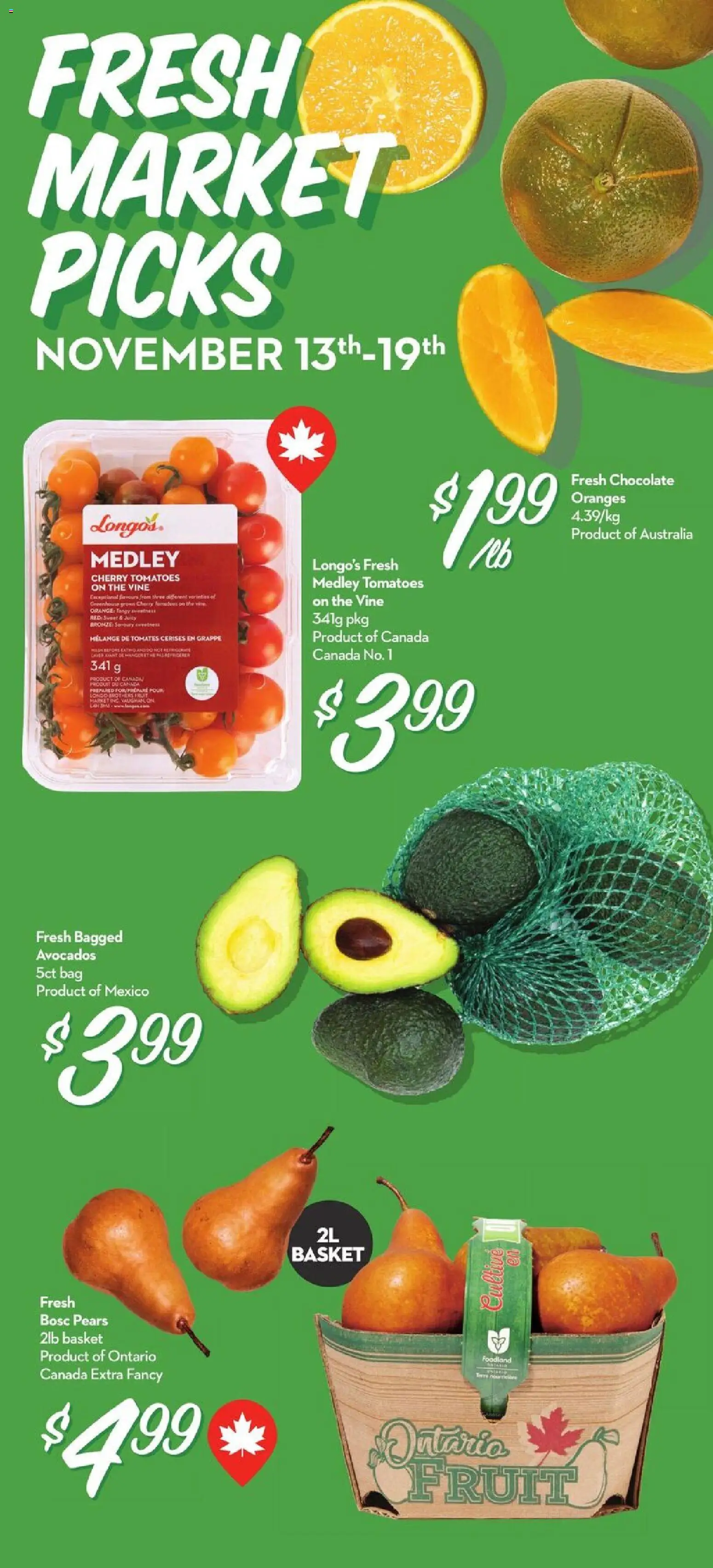 Longo's flyer valid from 13.11.2025 | Page: 2 | Products: Bag, Basket, Chocolate, Oranges