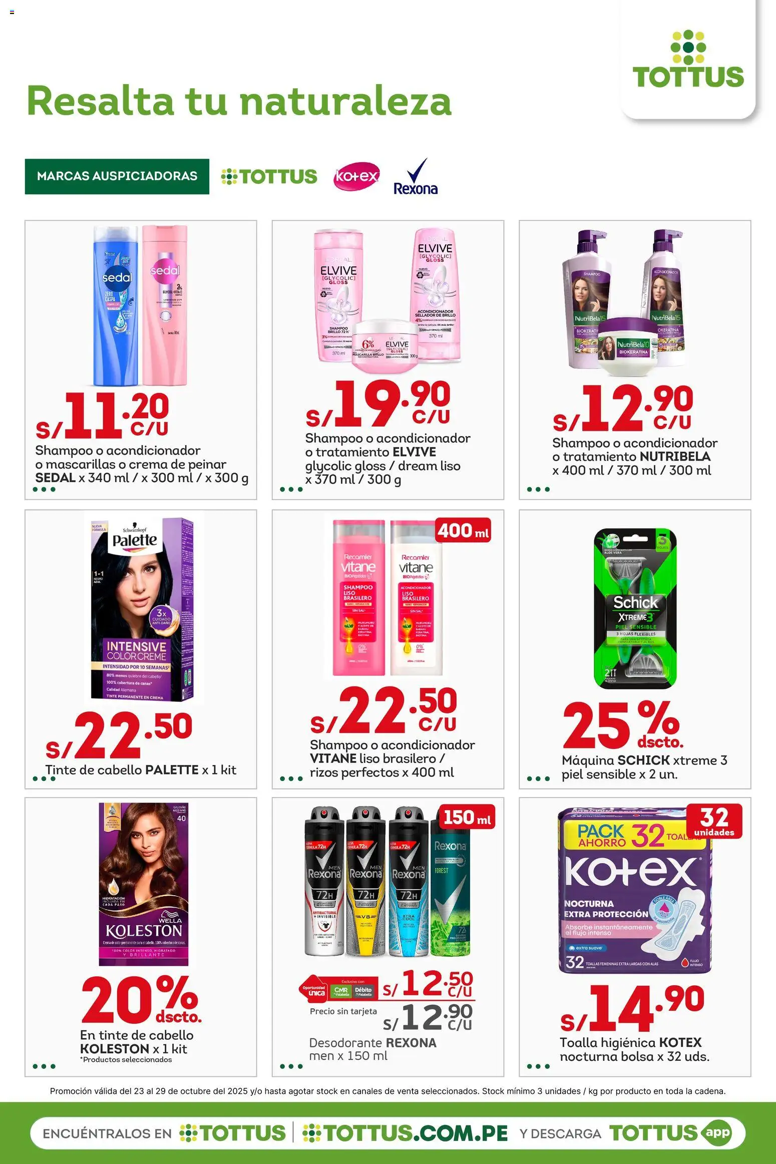 Catálogo Tottus válido desde 23.10.2025 | Página: 9 | Productos: Shampoo, Tinte de cabello, Desodorante, Toalla
