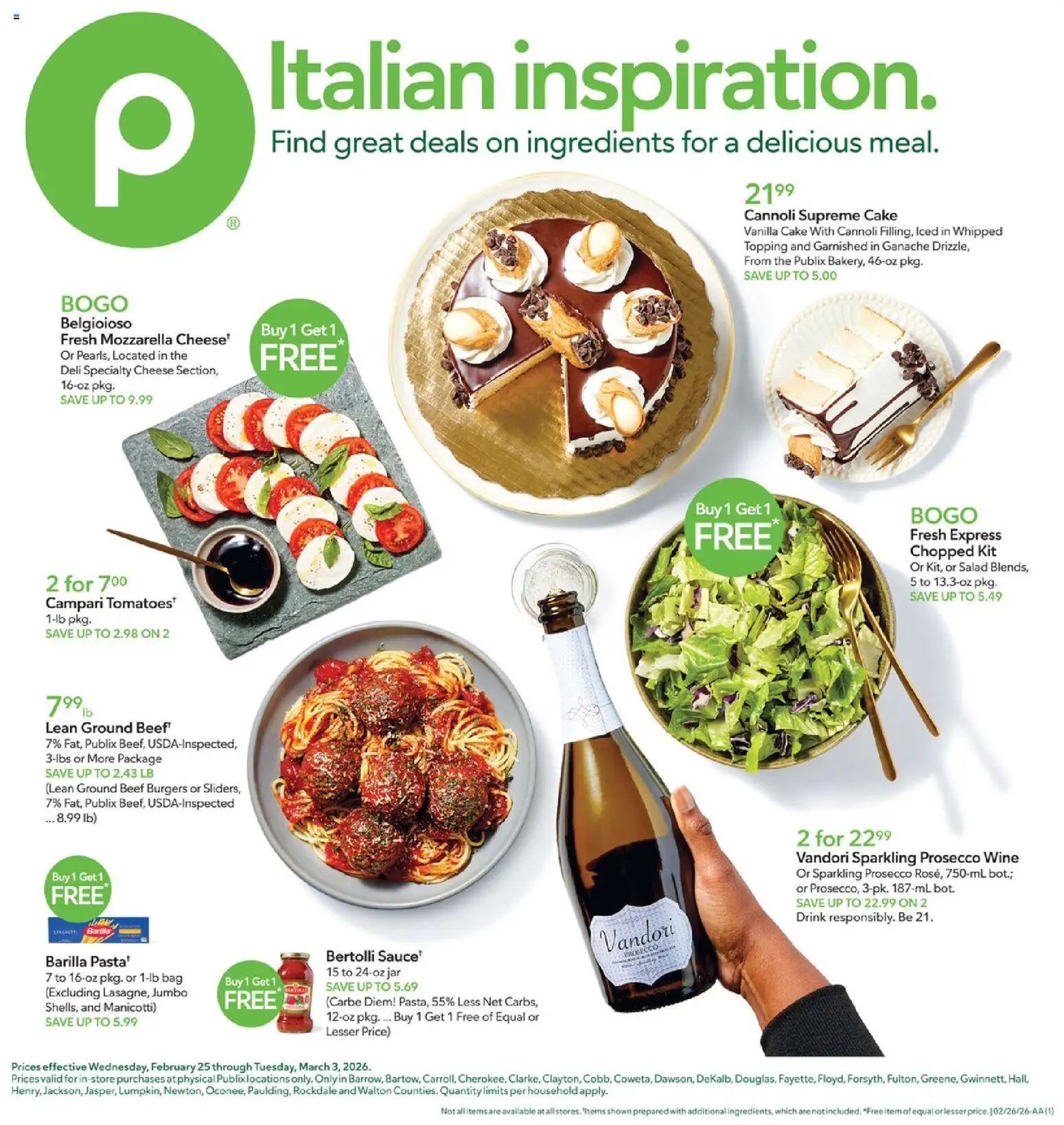 Publix Weekly Ad - valid from 25.02.2026 | Page: 1 | Products: Cheese, Wine, Beef, Salad