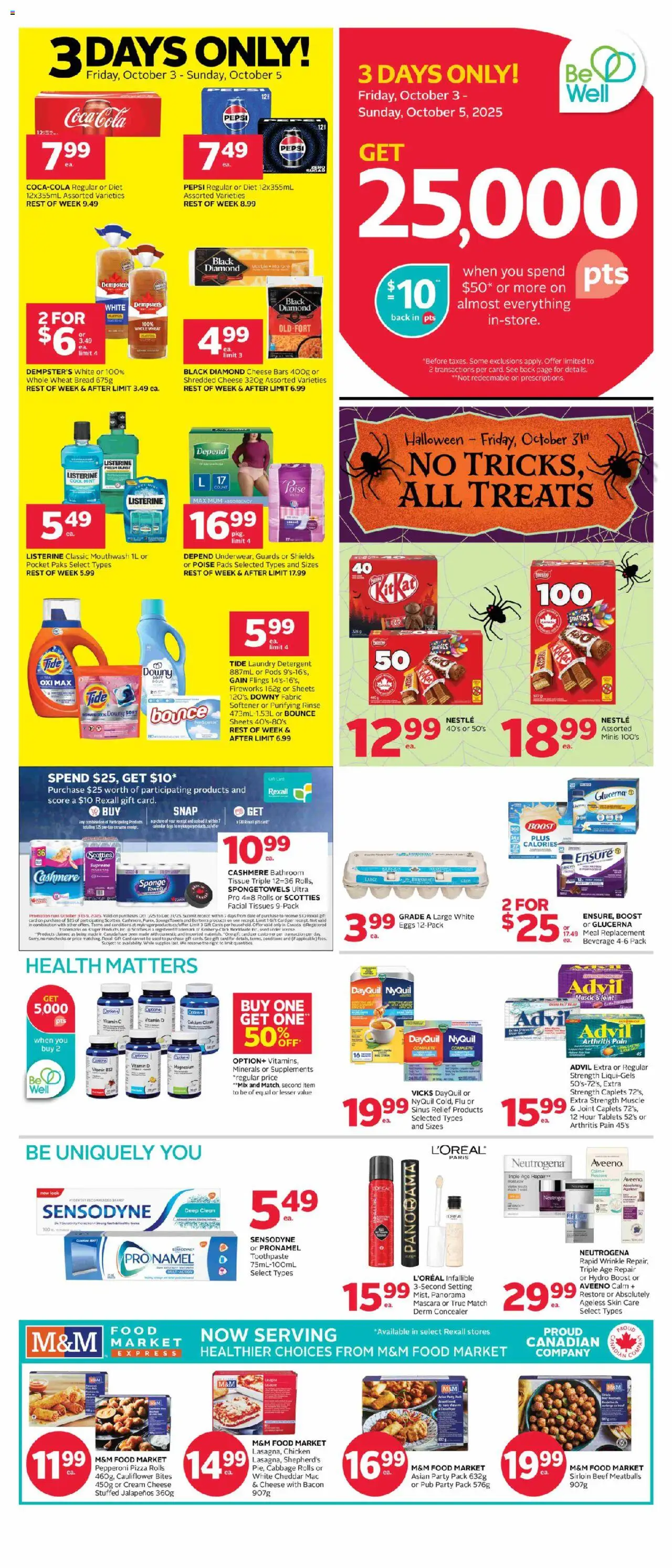 Rexall flyer valid from 03.10.2025 | Page: 1 | Products: Mouthwash, Cheese, Eggs, Pizza