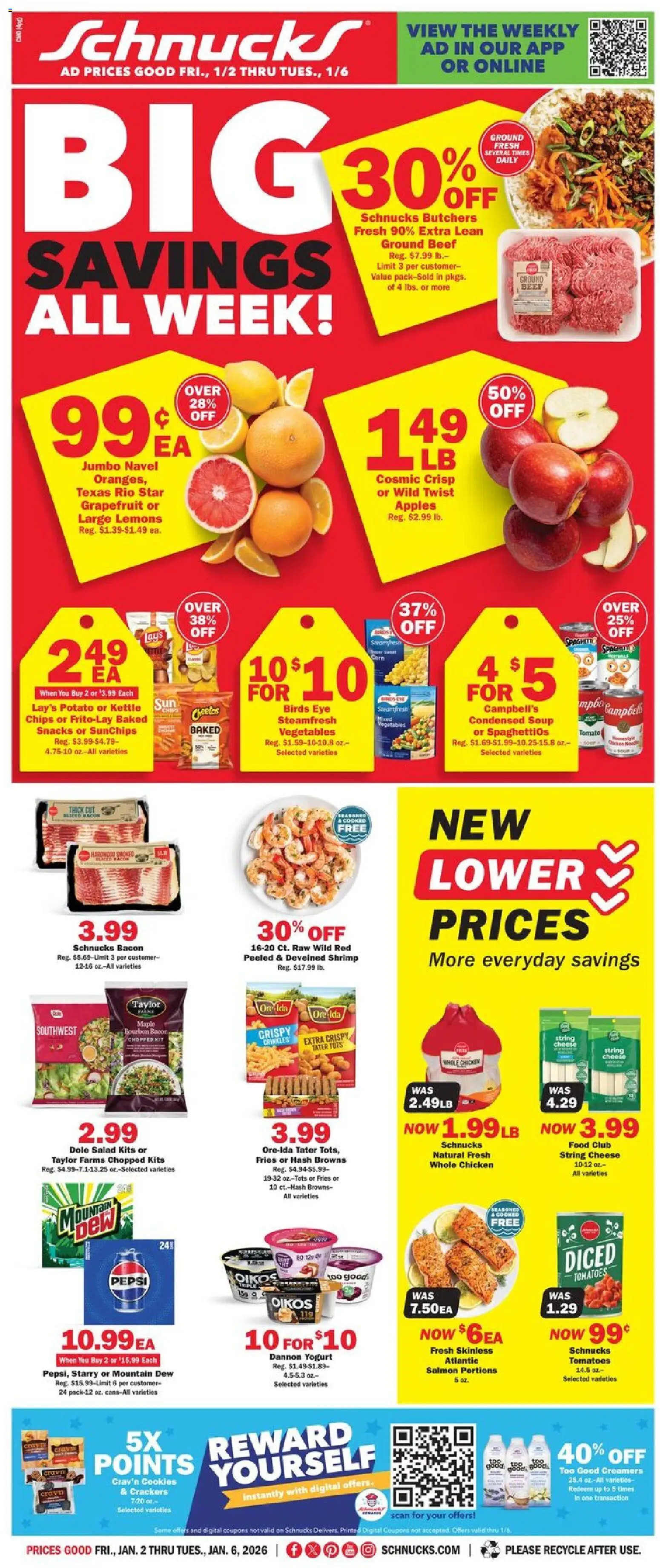 Schnucks Weekly Ad - valid from 02.01.2026 | Page: 1 | Products: Cheese, Yogurt, Salad, Grapefruit