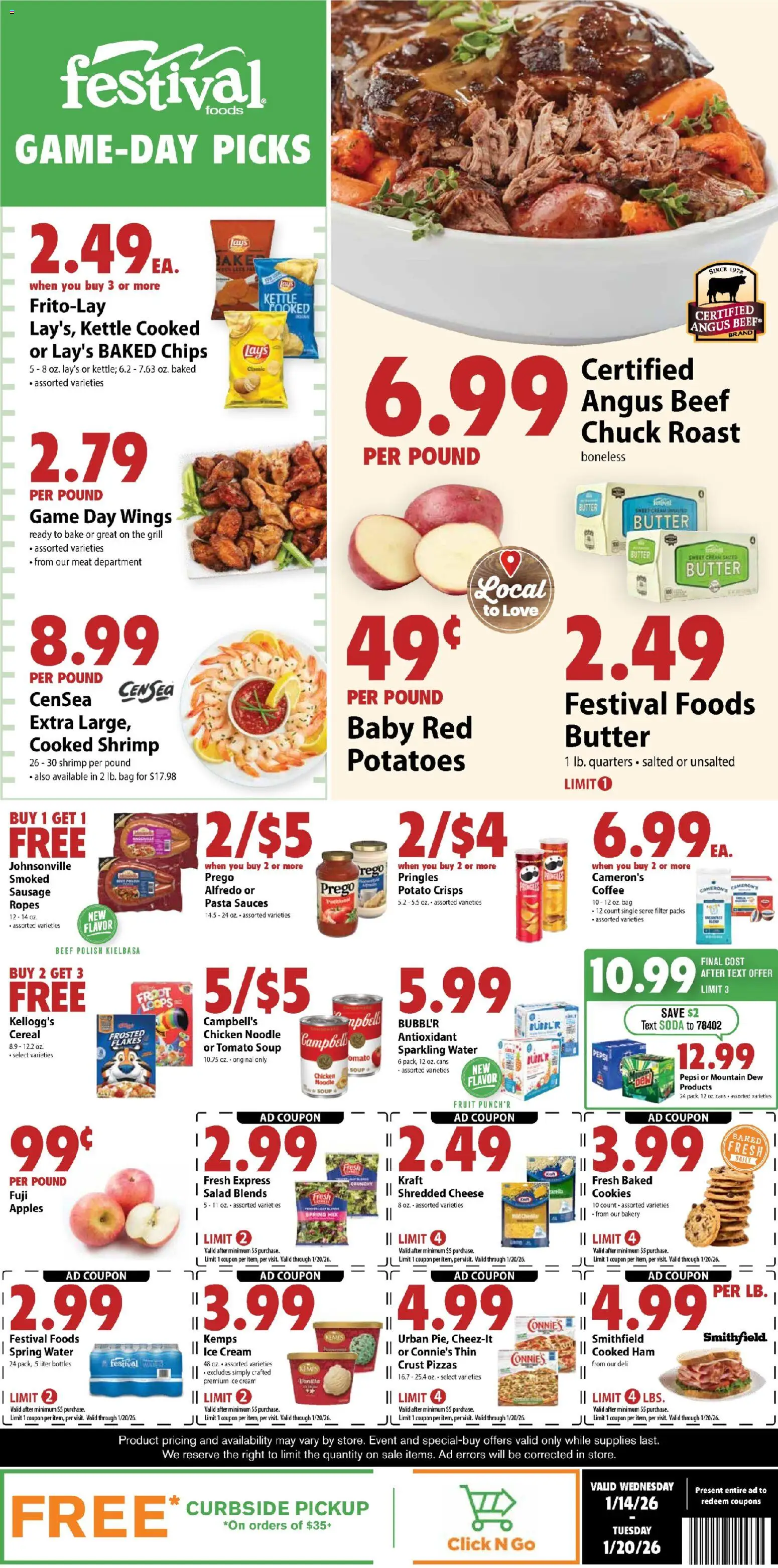 Festival Foods Weekly Ad - valid from 14.01.2026 | Page: 1 | Products: Bakery, Chips, Cookies, Sausage