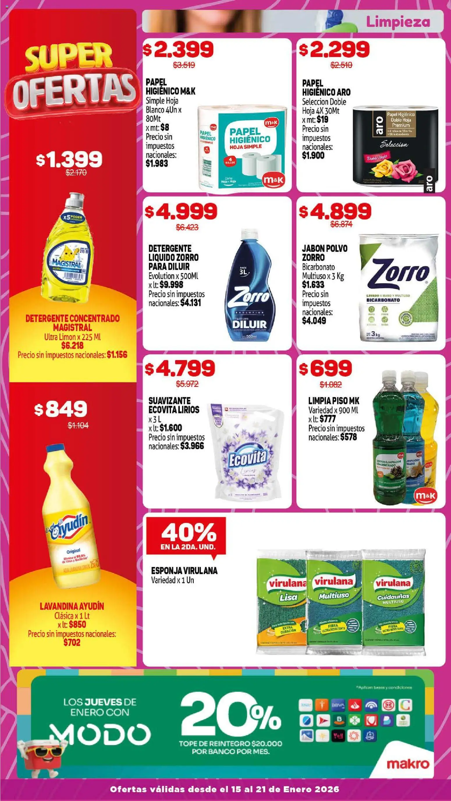 Makro ofertas │ válido desde el 15.01.2026 | Página: 10 | Productos: Lavandina, Detergente, Limón, Esponja