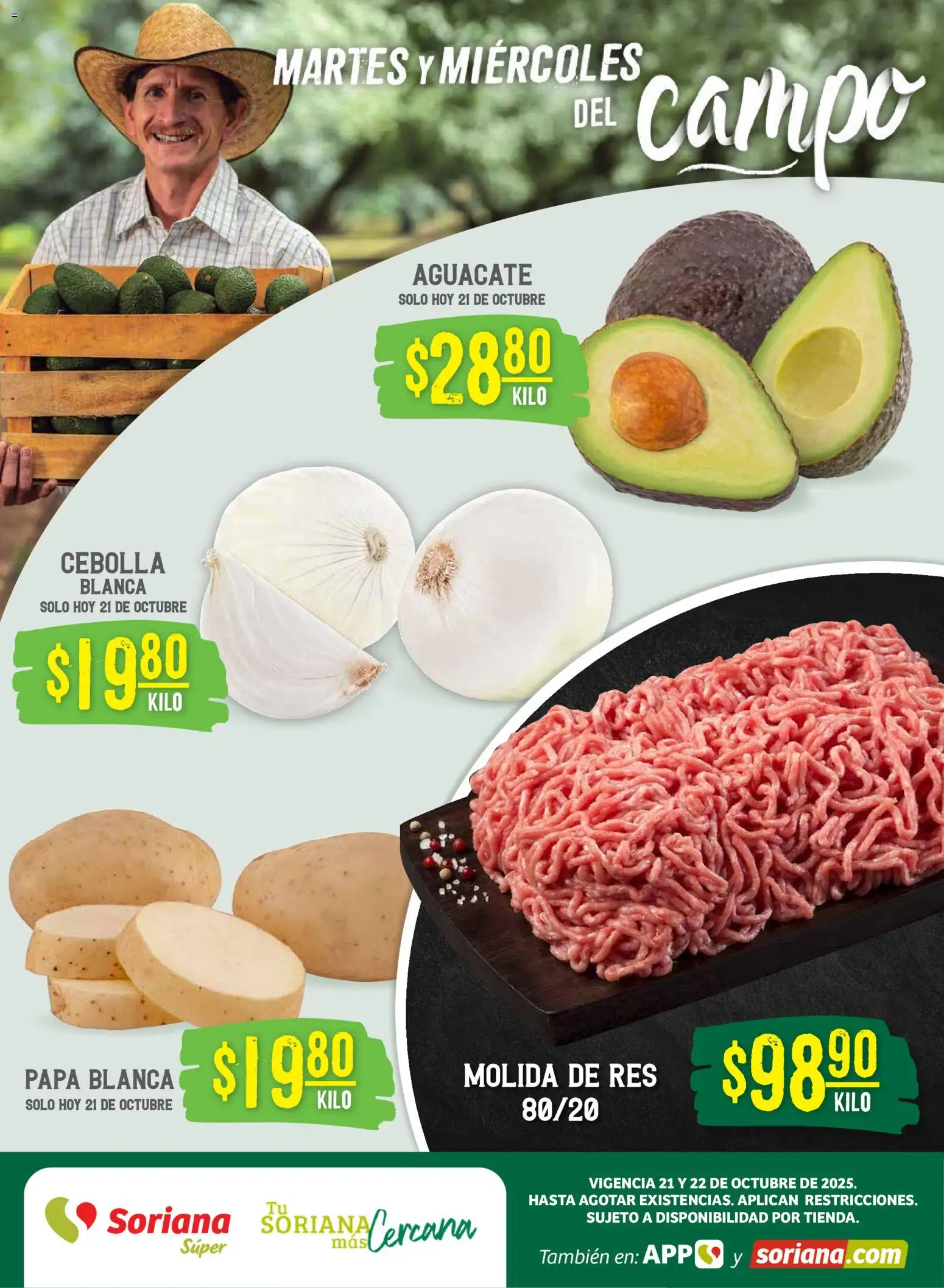Nuevas ofertas de Soriana válidas en toda la República Mexicana desde el 21.10.2025. ¡Encuentra las mejores ofertas en Soriana - Martes y Miércoles del Campo Súper: BCS, Son y Sin! | Página: 1 | Productos: Cebolla, Papa, Aguacate, Res