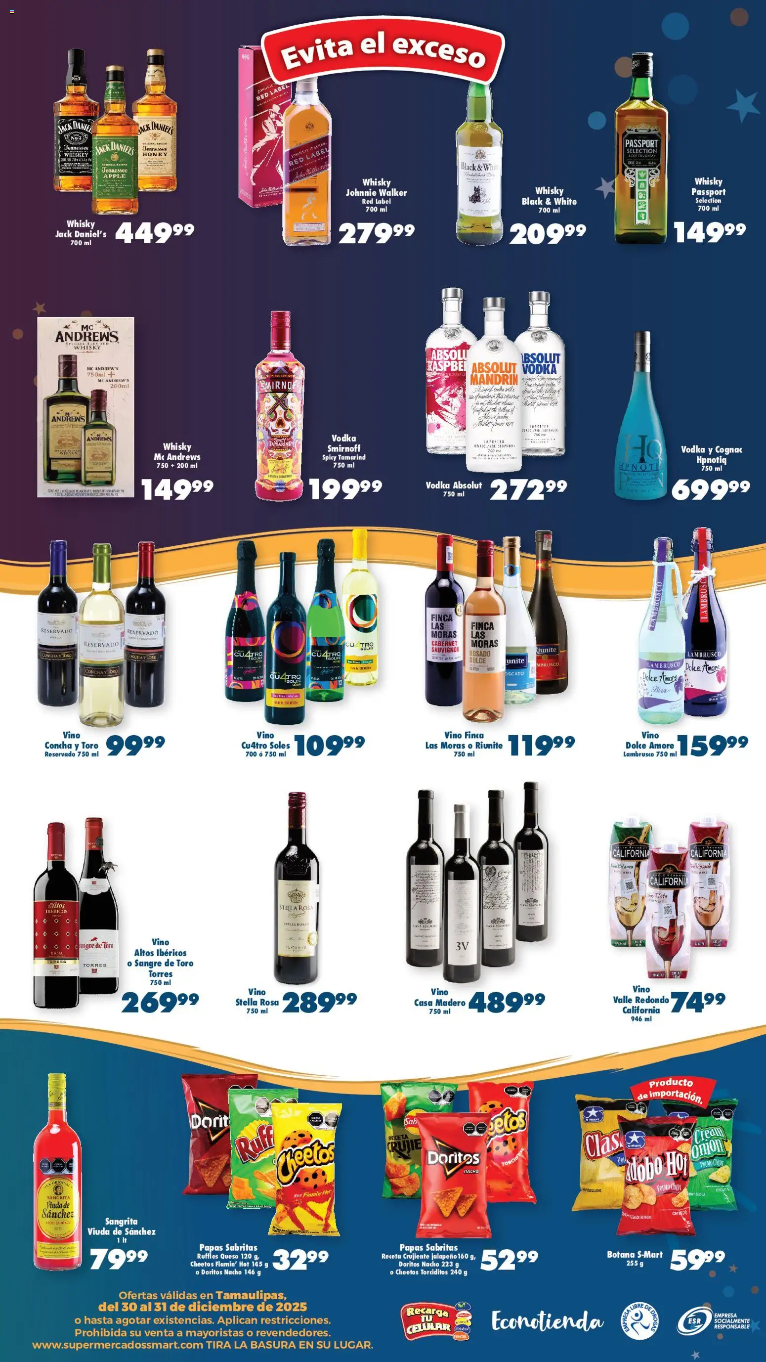 Nuevas ofertas de S-Mart válidas en toda la República Mexicana desde el 30.12.2025. ¡Encuentra las mejores ofertas en S-Mart folleto Ofertas de Feria Matamoros! | Página: 2 | Productos: Whiskey, Queso, Vino, Vodka