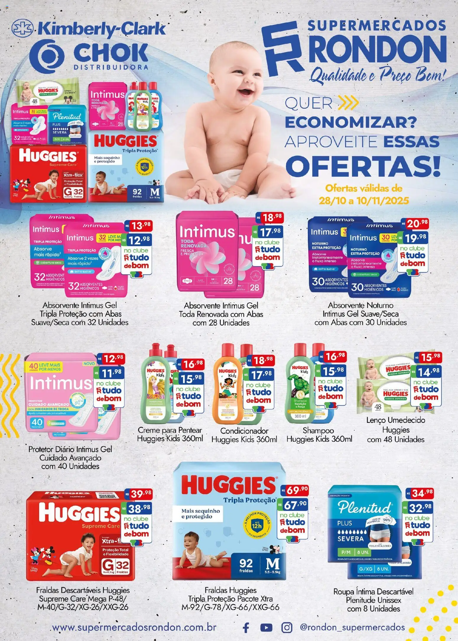 Supermercados Rondon Folheto - válido de 28.10.2025 | Página: 1 | Produtos: Lenço, Creme, Fraldas, Absorvente
