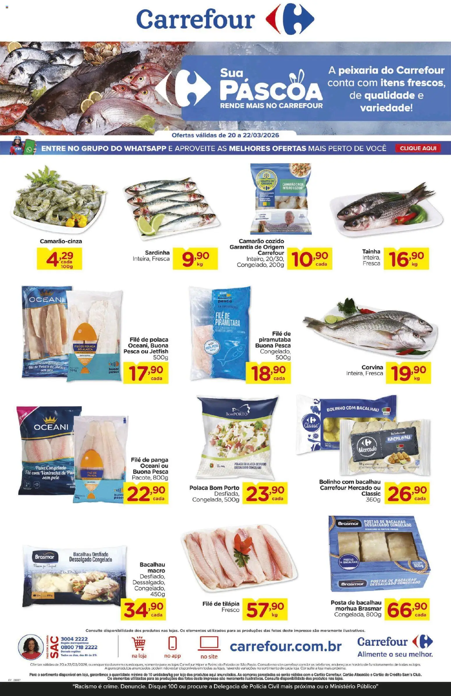 Carrefour Folheto - válido de 20.03.2026 | Página: 1 | Produtos: Bacalhau, Camarão, Peixe, File de polaca