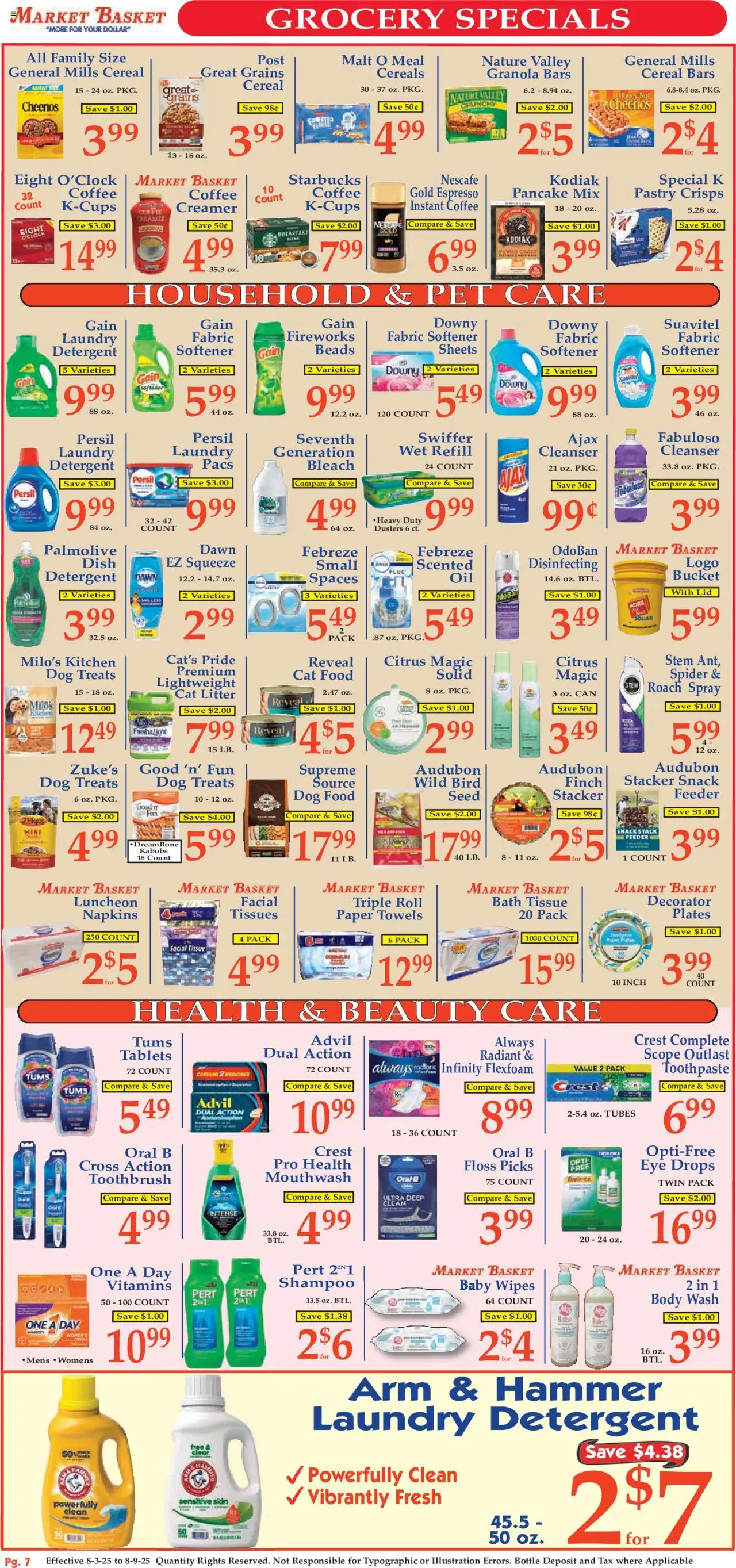 Market Basket Ad - valid from 03.08.2025 | Page: 7 | Products: Dog Treats, Cat Food, Hammer, Detergent