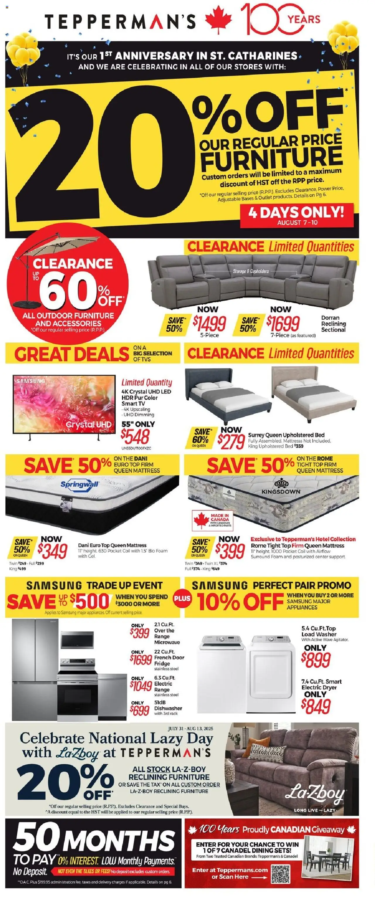 Tepperman's flyer valid from 07.08.2025 | Page: 1 | Products: Tv, Dishwasher, Bed, Mattress