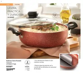 Vista previa de Budinera Stone Roseate Aluminio., Budinera Stone Roseate Aluminio, incluye 1 Cazo y 1 Tapa. Con válvulas para liberar el calor mientras cocinas. Práctica tapa que permite ver la cocción de tus alimentos sin necesidad de destapar., nuevo folleto de la tienda, válido en México a partir del 30.01.2026 | Página: 42 | Productos: Budinera, Cocina