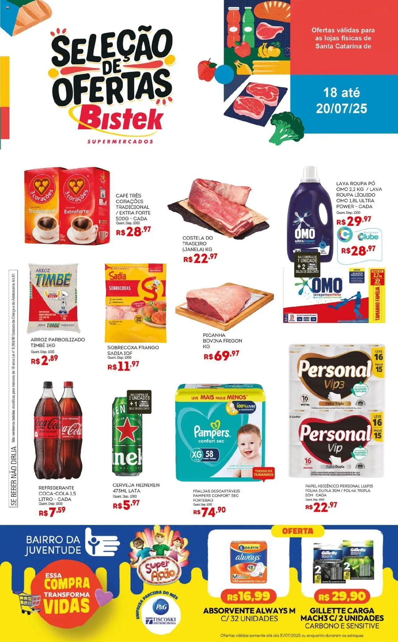 Bistek Supermercados Folheto - válido de 18.07.2025 | Página: 1 | Produtos: Picanha, Cerveja, Fraldas, Frango