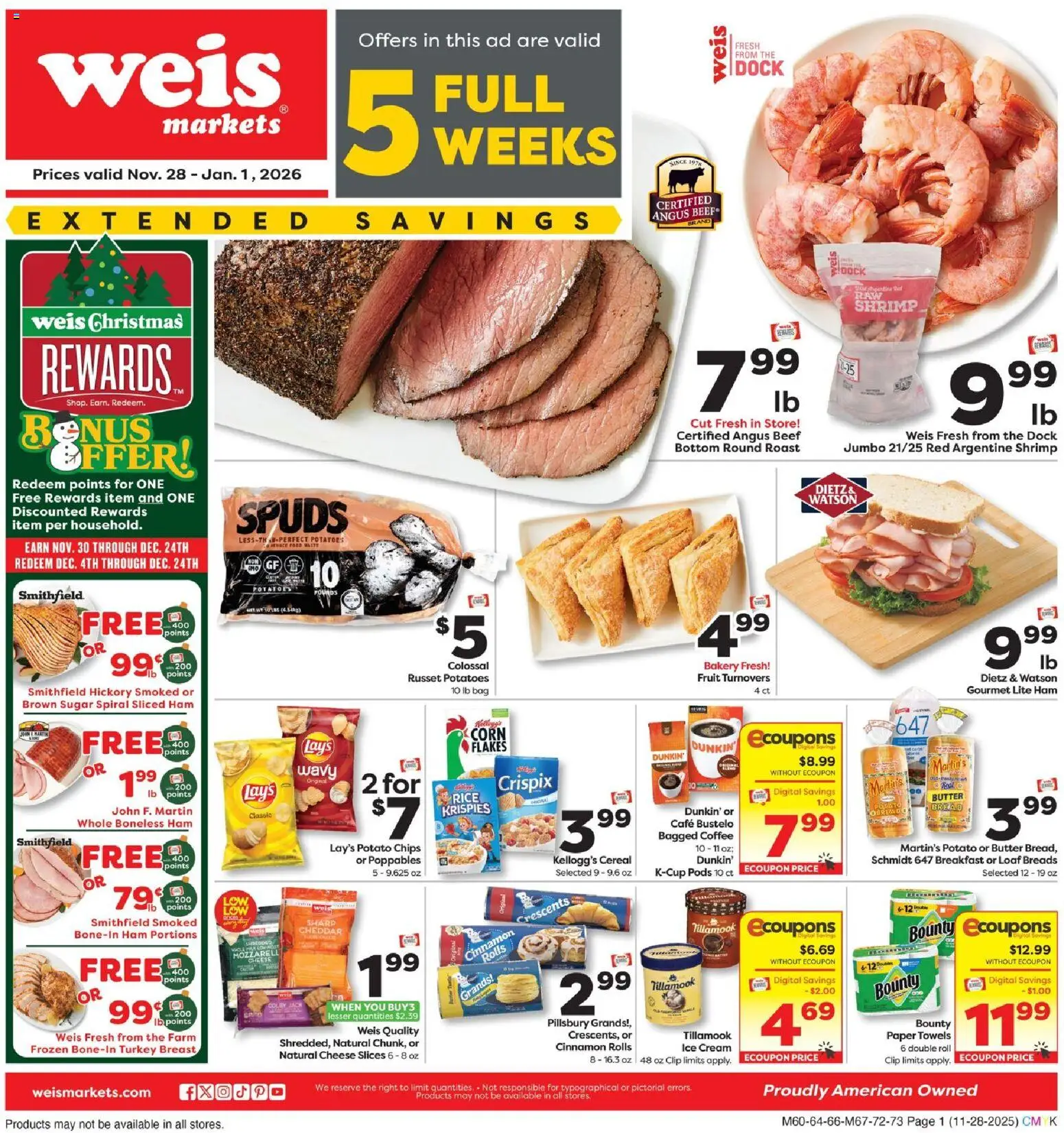 Weis Monthly Ad - VA - valid from 28.11.2025 | Page: 1 | Products: Coffee, Ham, Flakes, Potatoes