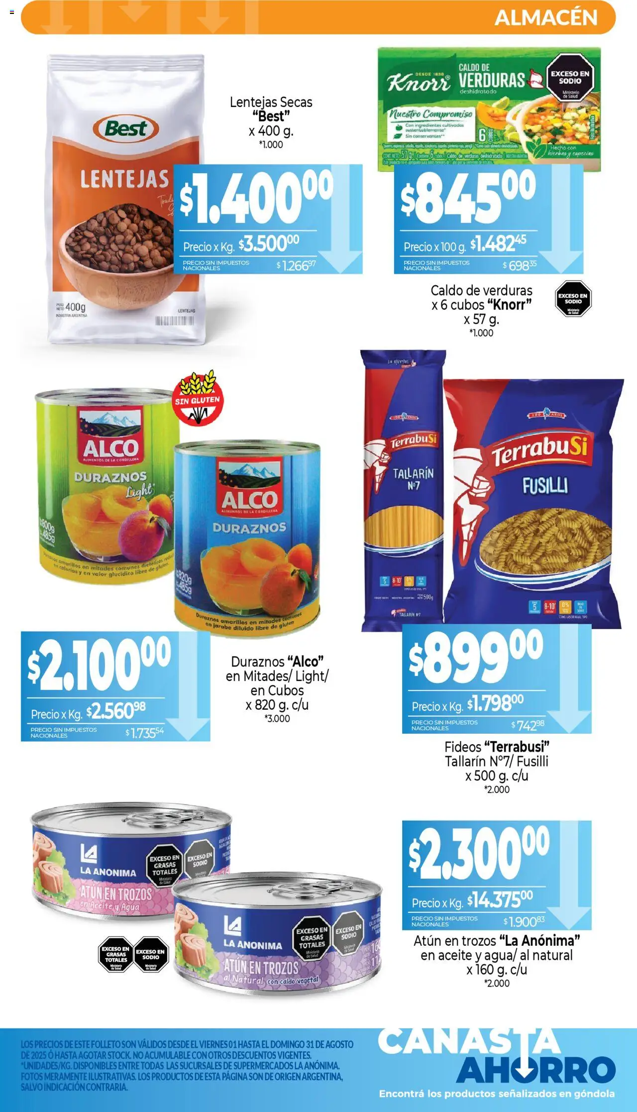 La Anonima - Canasta Ahorro │ válido desde el 01.08.2025 | Página: 4 | Productos: Lentejas, Atún, Pimiento, Canasta