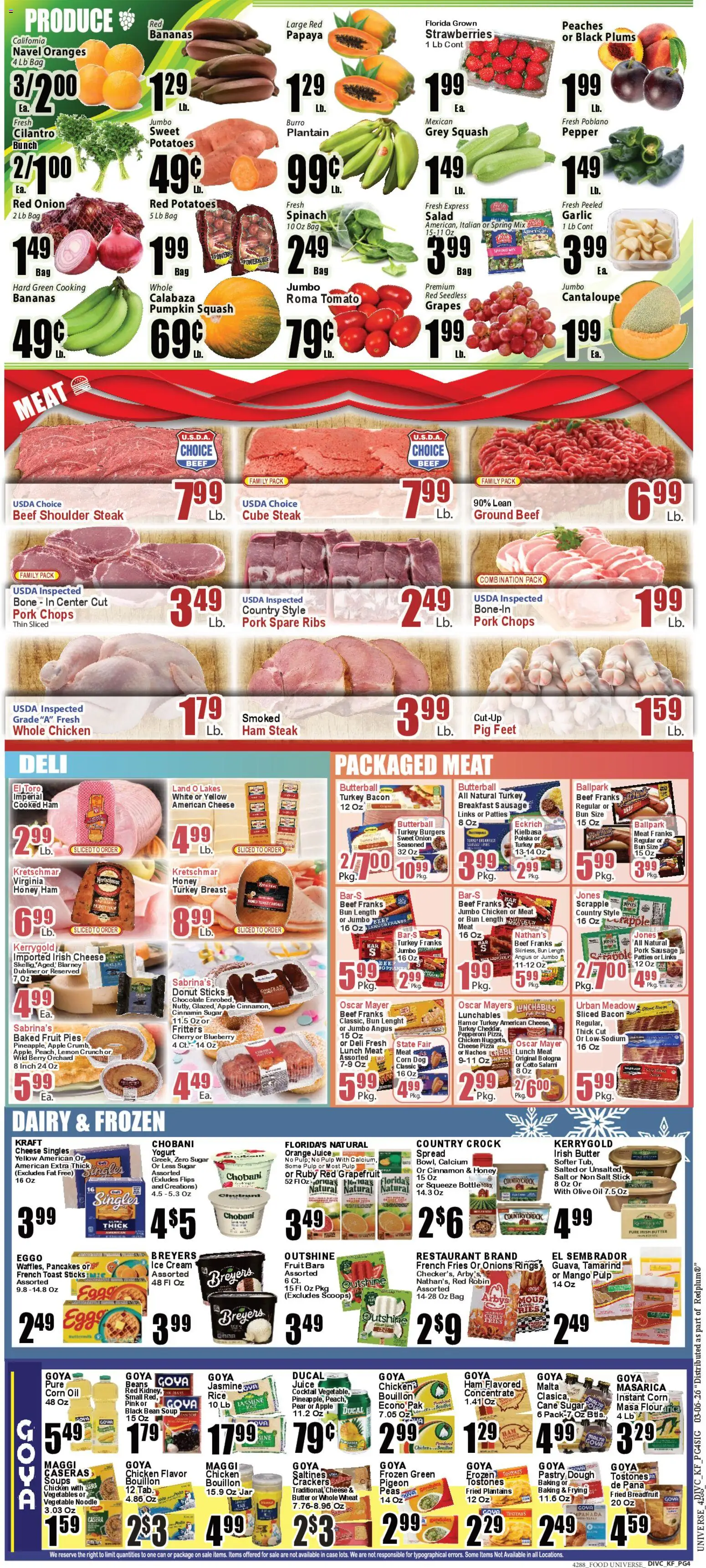 Food Universe Weekly Ad - valid from 06.03.2026 | Page: 4 | Products: Peaches, Juice, Salt, Pepper