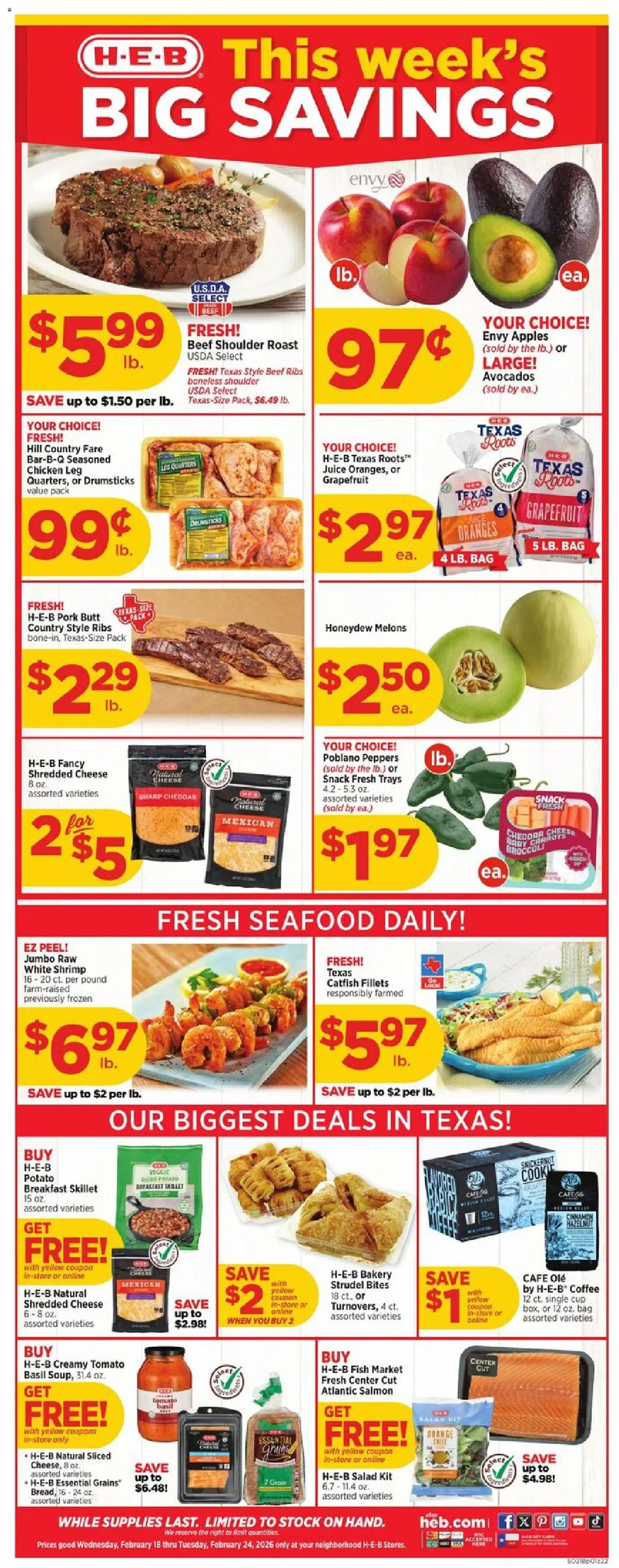 H-E-B Weekly Ad - valid from 18.02.2026 | Page: 1 | Products: Broccoli, Peppers, Coffee, Bag