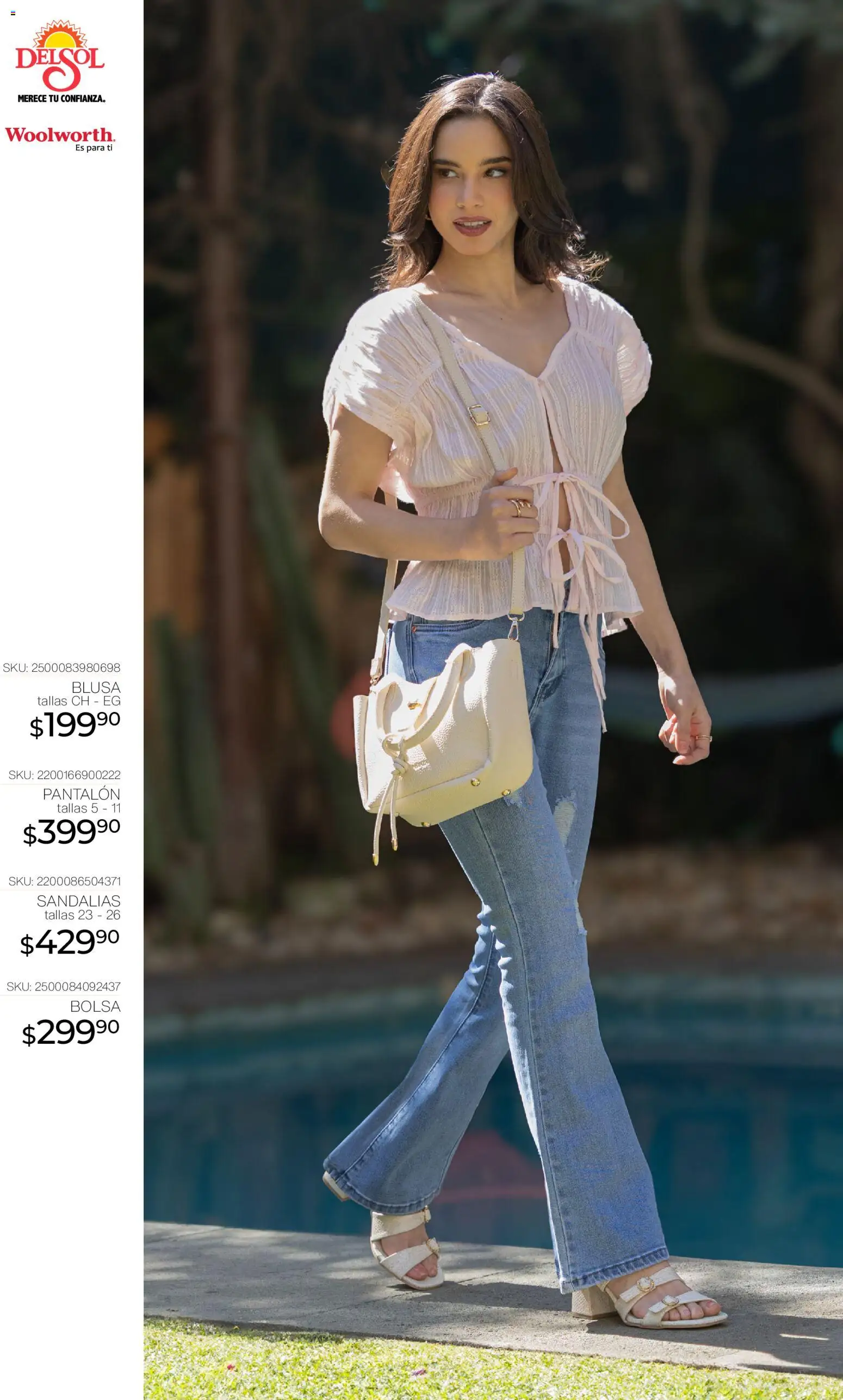 Nuevas ofertas de Del Sol y Woolworth válidas en toda la República Mexicana desde el 16.04.2026. ¡Encuentra las mejores ofertas en Del Sol y Woolworth katalog Moda para Mamá ! | Página: 2 | Productos: Blusa, Bolsa, Sandalias