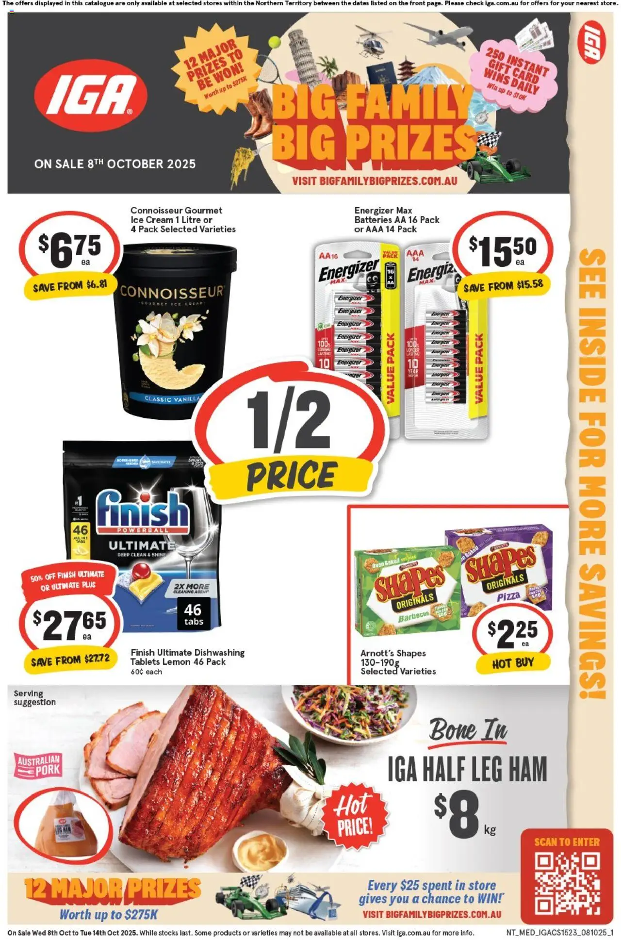 IGA catalogue - valid from 08.10.2025 | Page: 1 | Products: Ham, Pork, Ice cream, Batteries