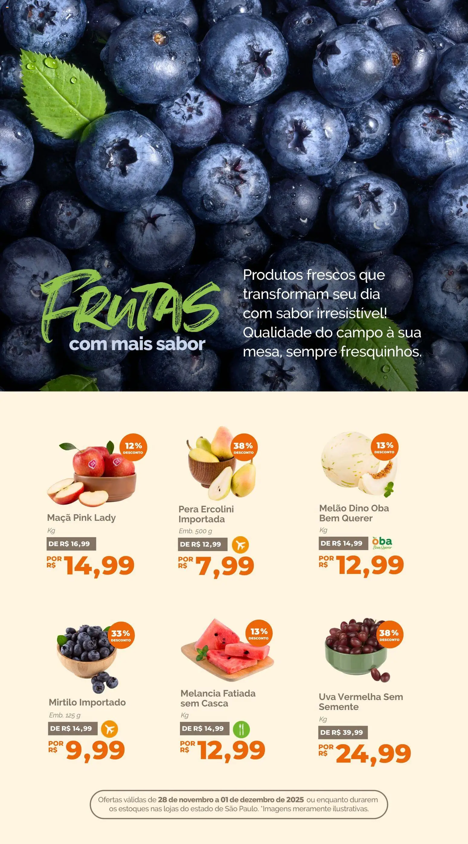 Oba Hortifruti Folheto - válido de 28.11.2025 | Página: 4 | Produtos: Melancia, Melão, Mirtilo, Pera