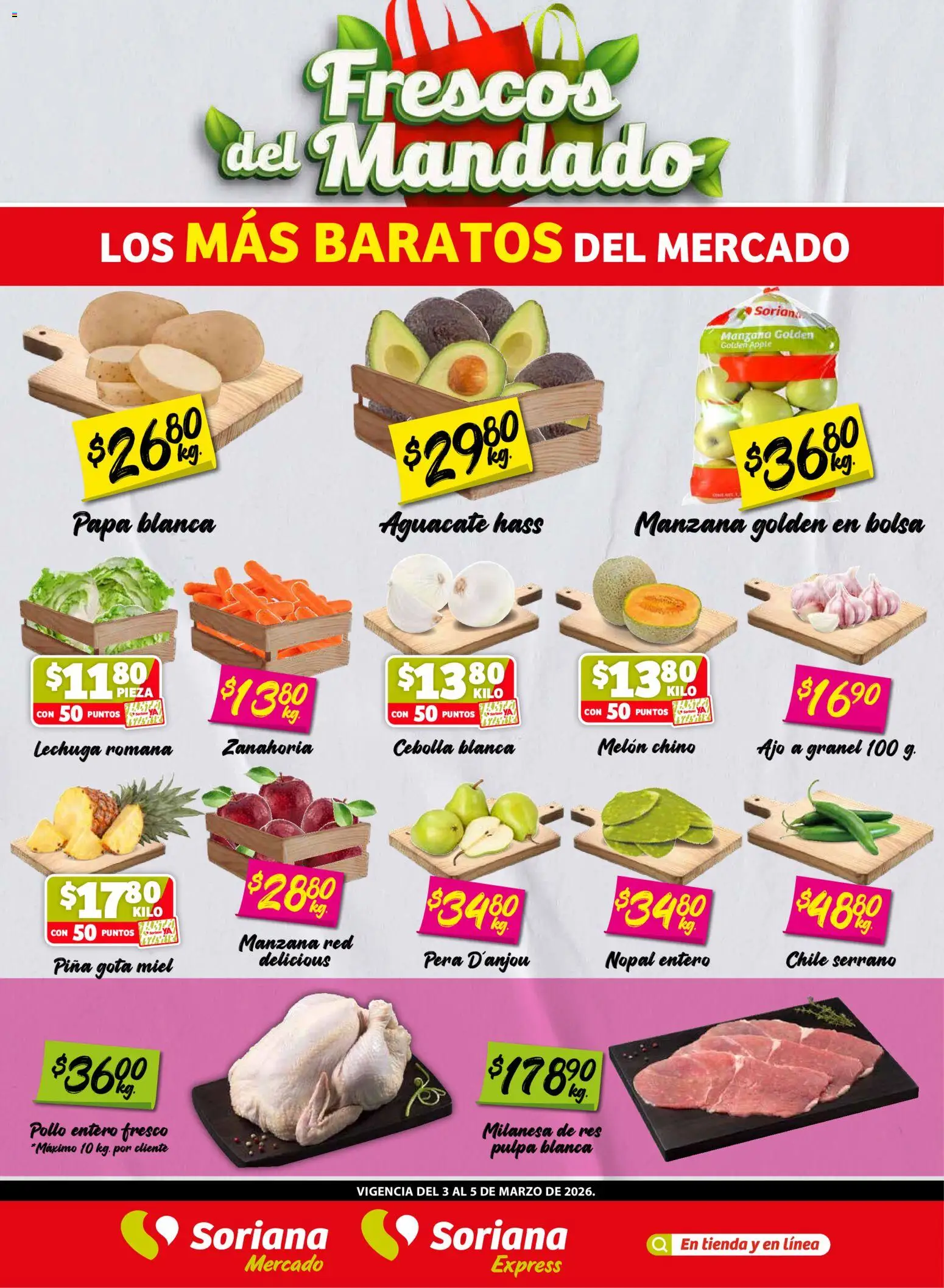 Nuevas ofertas de Soriana válidas en toda la República Mexicana desde el 03.03.2026. ¡Encuentra las mejores ofertas en Soriana Frescos del Mandado Mercado: Nuevo León! | Página: 1 | Productos: Papa, Bolsa, Lechuga, Piña