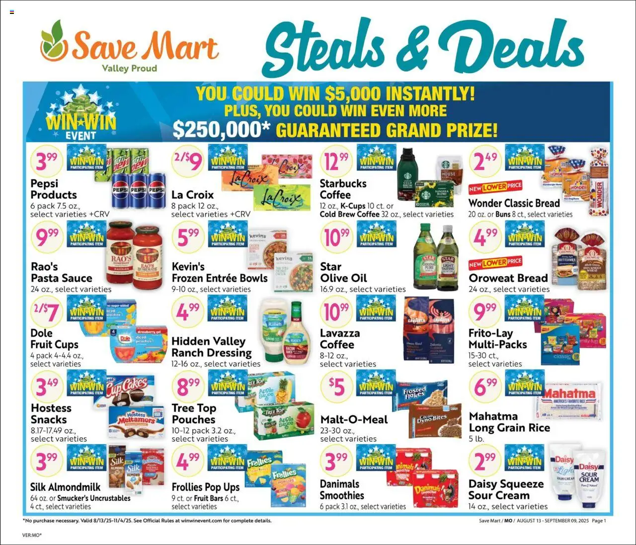 Save Mart Big Monthly Deals - valid from 13.08.2025 | Page: 1 | Products: Oil, Coffee, Rice, UPS