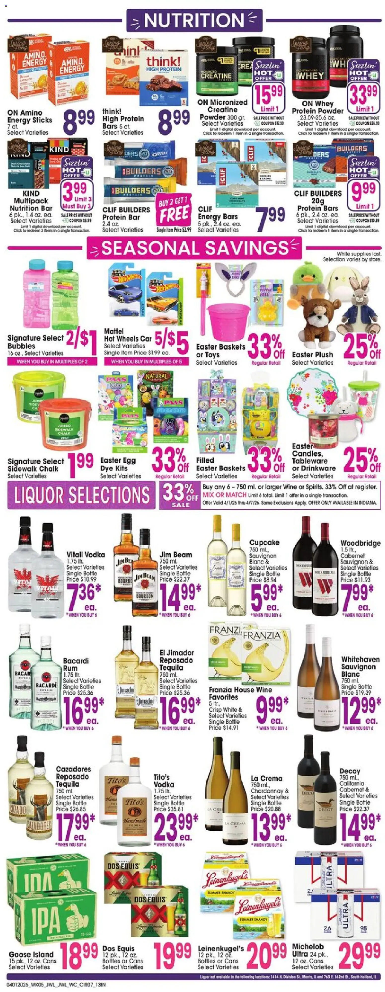 Jewel Osco Weekly Ad - IN - valid from 01.04.2026 | Page: 7 | Products: Protein Powder, Wine, Vodka, Cupcake