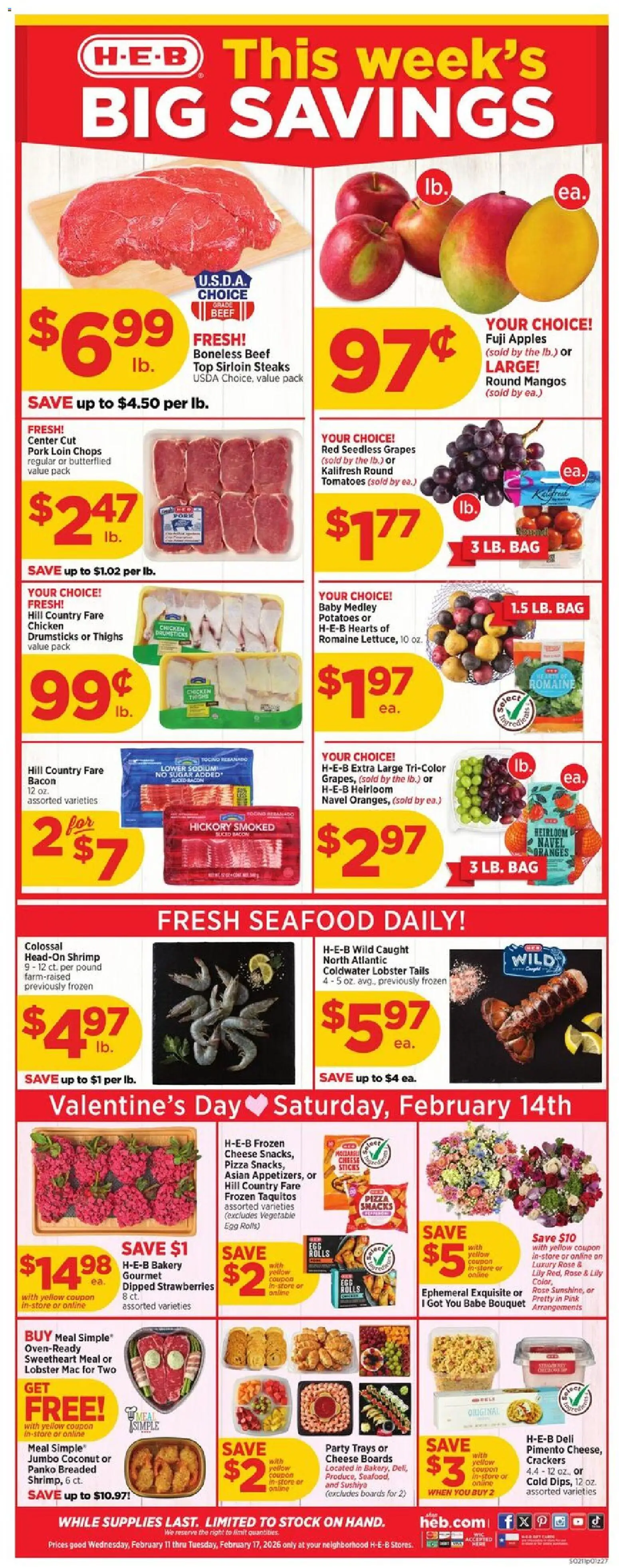 H-E-B Weekly Ad - valid from 11.02.2026 | Page: 1 | Products: Cheese, Pizza, Tomatoes, Grapes