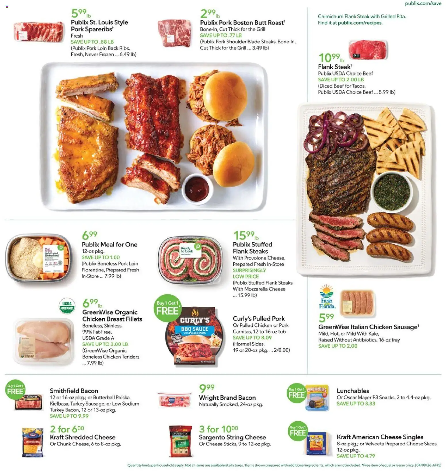Publix Weekly Ad - valid from 08.04.2026 | Page: 5 | Products: Cheese, Pork, Sauce, Grill
