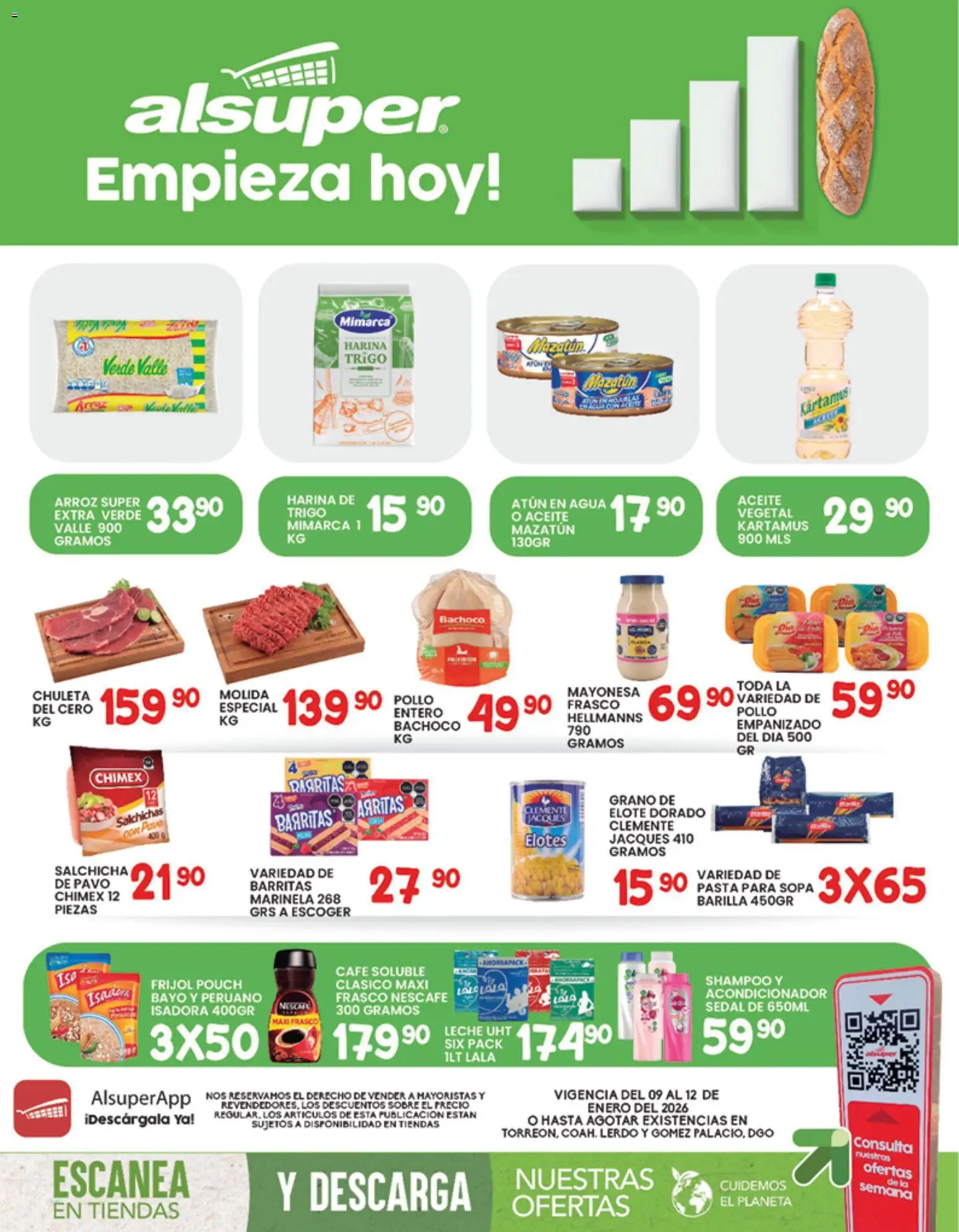 Nuevas ofertas de Alsuper válidas en toda la República Mexicana desde el 09.01.2026. ¡Encuentra las mejores ofertas en Alsuper folleto Laguna! | Página: 1 | Productos: Pollo, Salchicha, Agua, Pasta