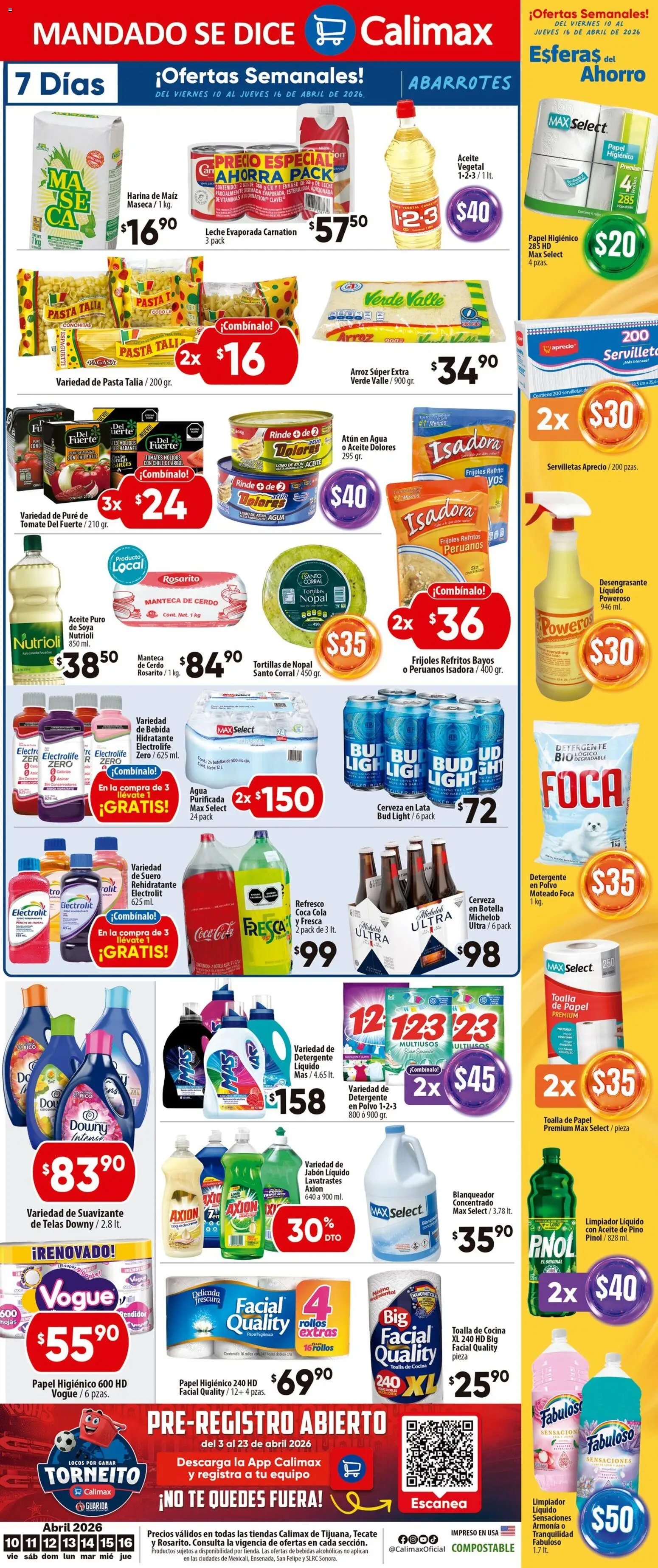 Nuevas ofertas de Calimax válidas en toda la República Mexicana desde el 10.04.2026. ¡Encuentra las mejores ofertas en Calimax folleto Rosarito! | Página: 6 | Productos: Cerveza, Pasta, Papel higiénico, Tomates