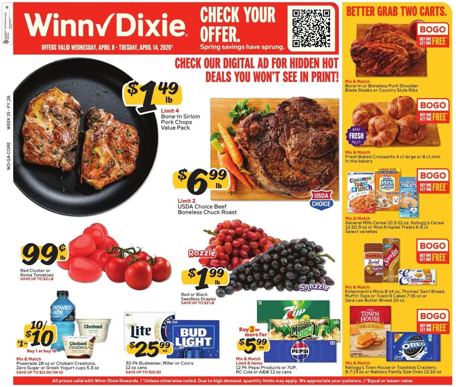 Winn Dixie Weekly Ad - valid from 08.04.2026 | Page: 1 | Products: Pork, Beef, Croissants, Muffin