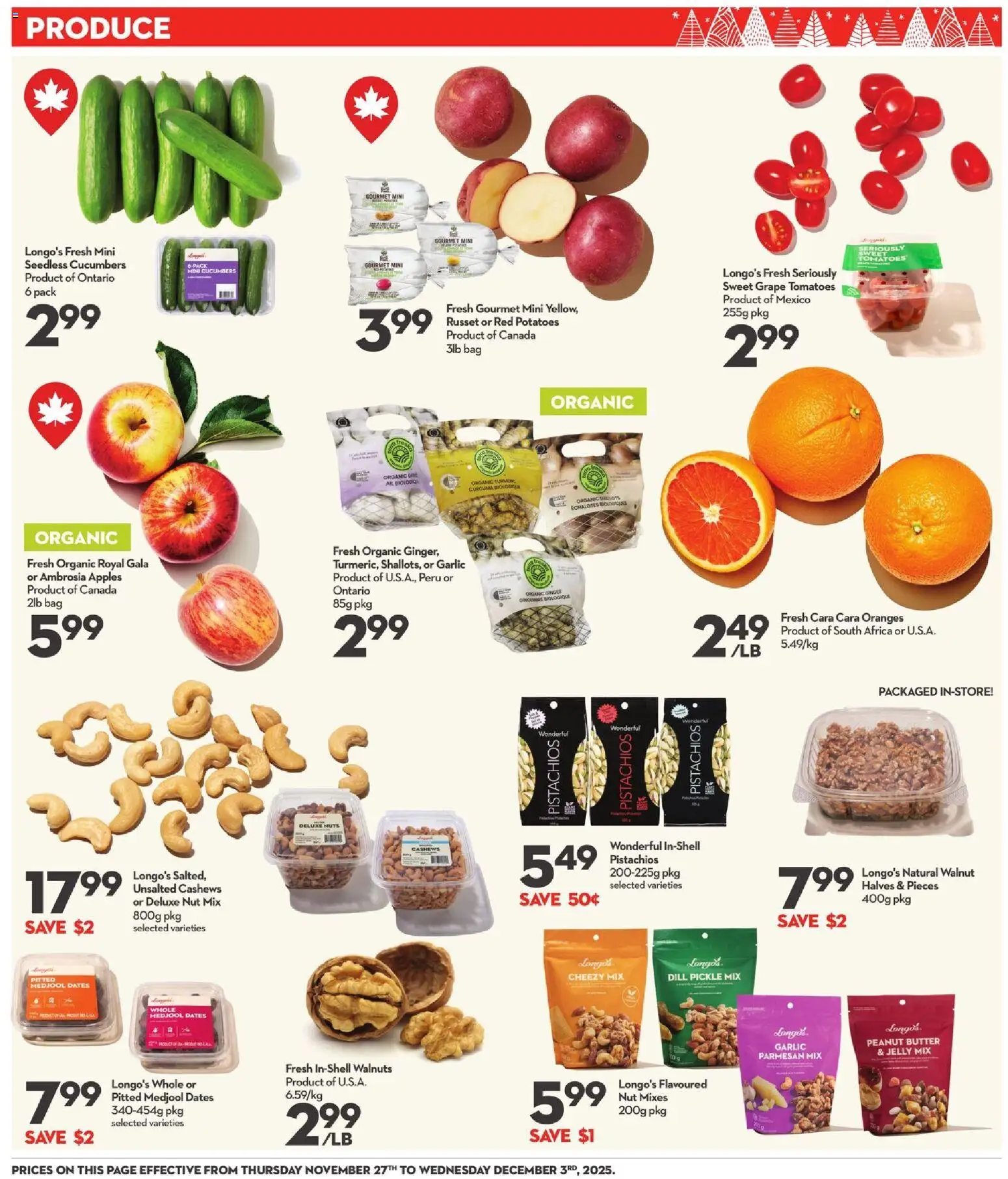Longo's flyer valid from 27.11.2025 | Page: 5 | Products: Cucumbers, Potatoes, Butter, Tomatoes