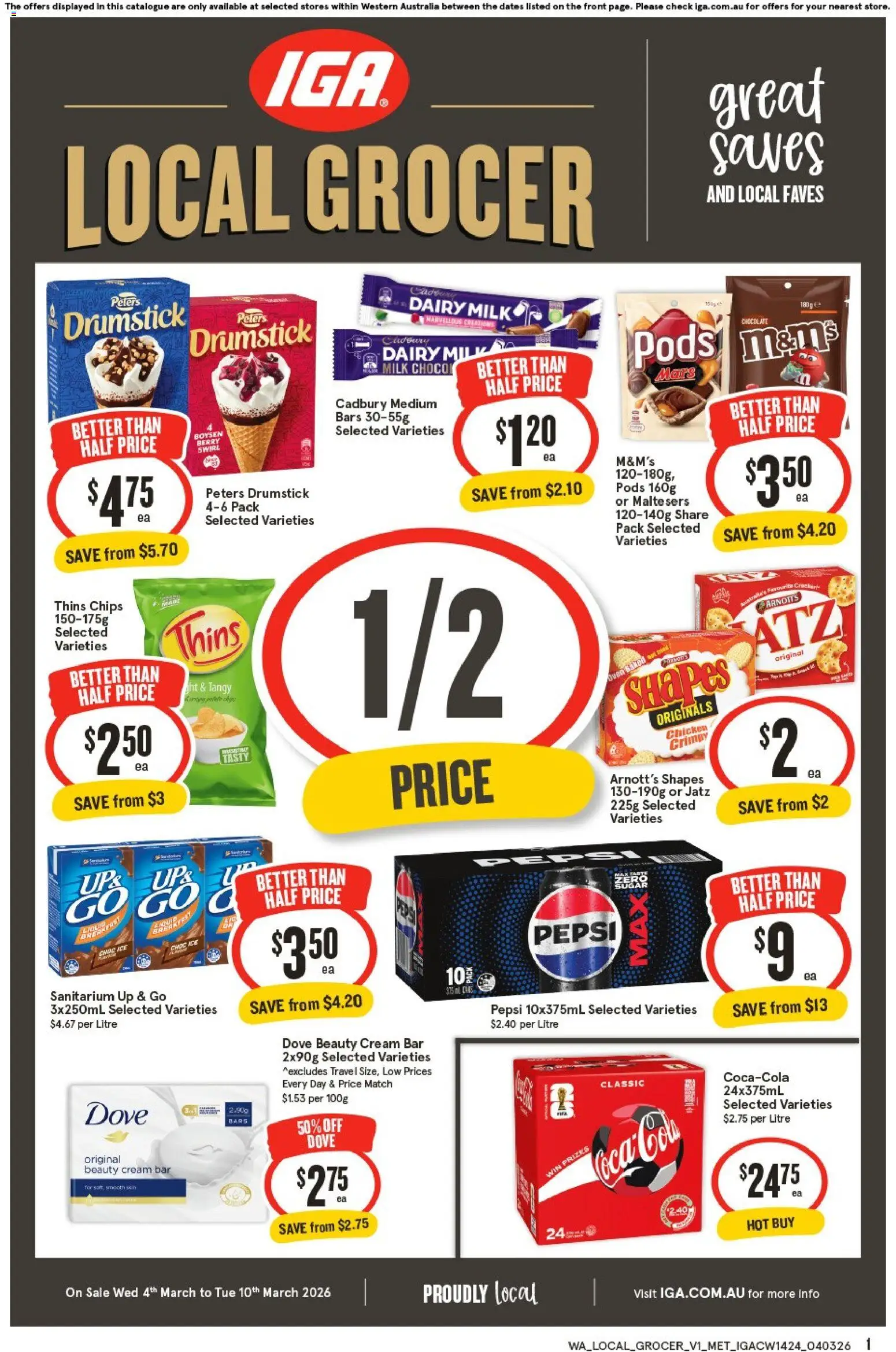 IGA catalogue - valid from 04.03.2026 | Page: 1 | Products: Milk, Coca Cola, Pepsi, Chips