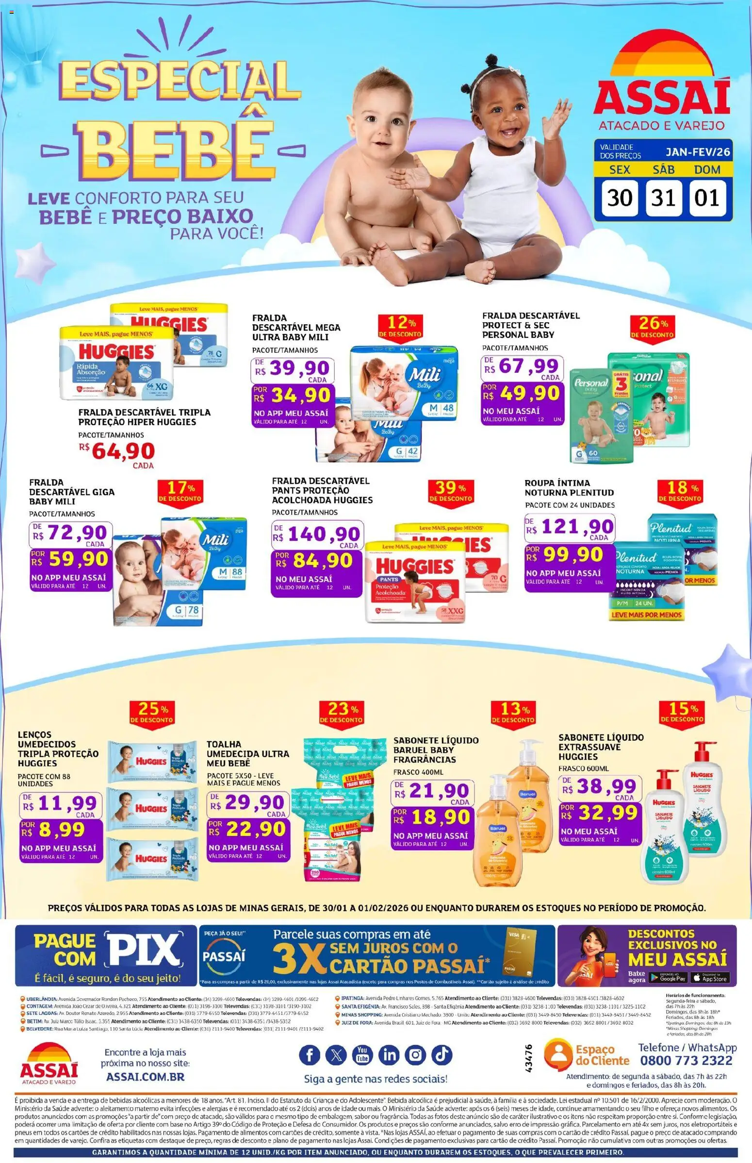 Assaí Atacadista Folheto - válido de 30.01.2026 | Página: 1 | Produtos: Base, Bebida, Fraldas, Sabonete líquido