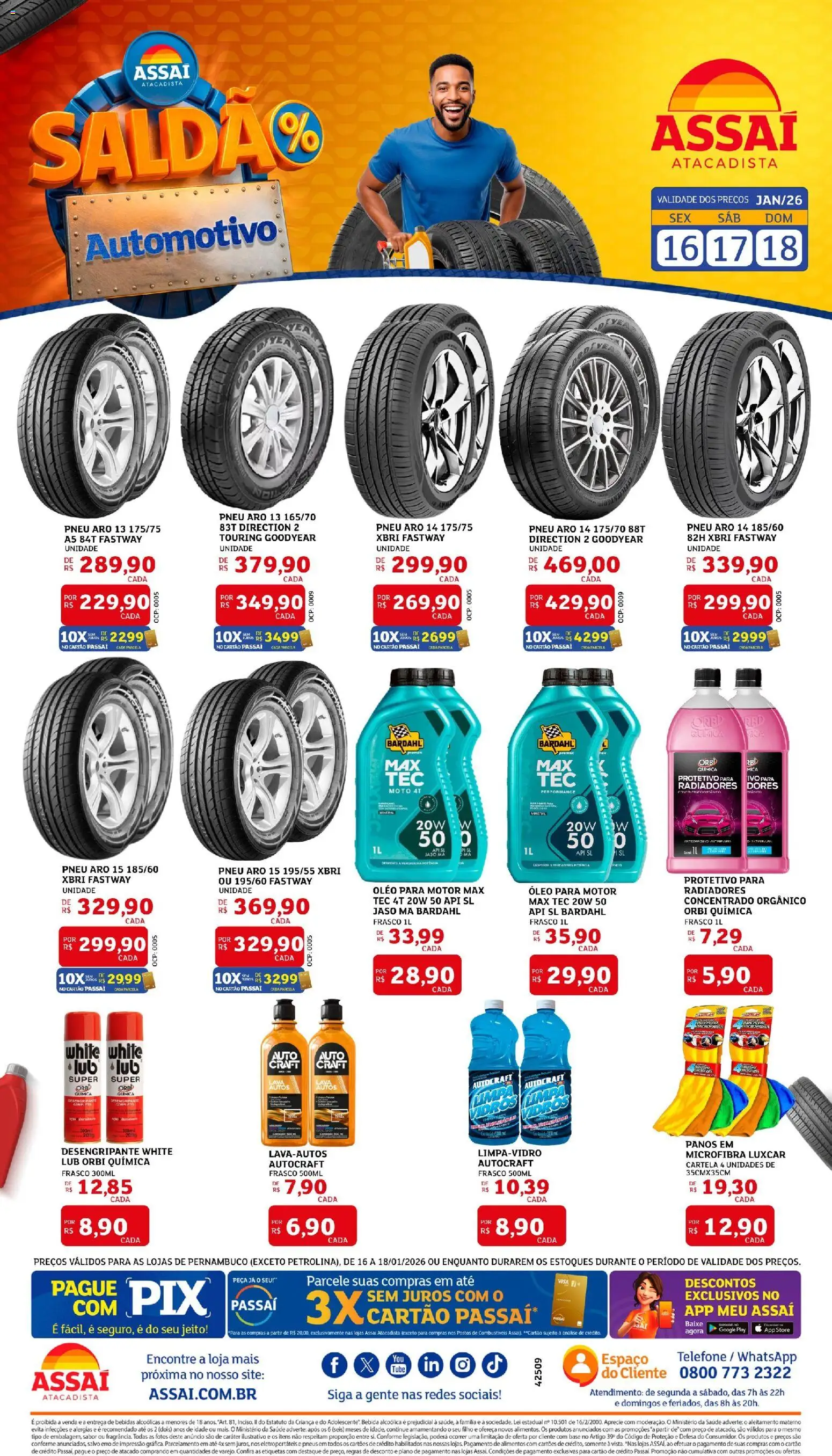 Assaí Atacadista Folheto - válido de 16.01.2026 | Página: 1 | Produtos: Pneu, Óleo, Pneus, Bebida